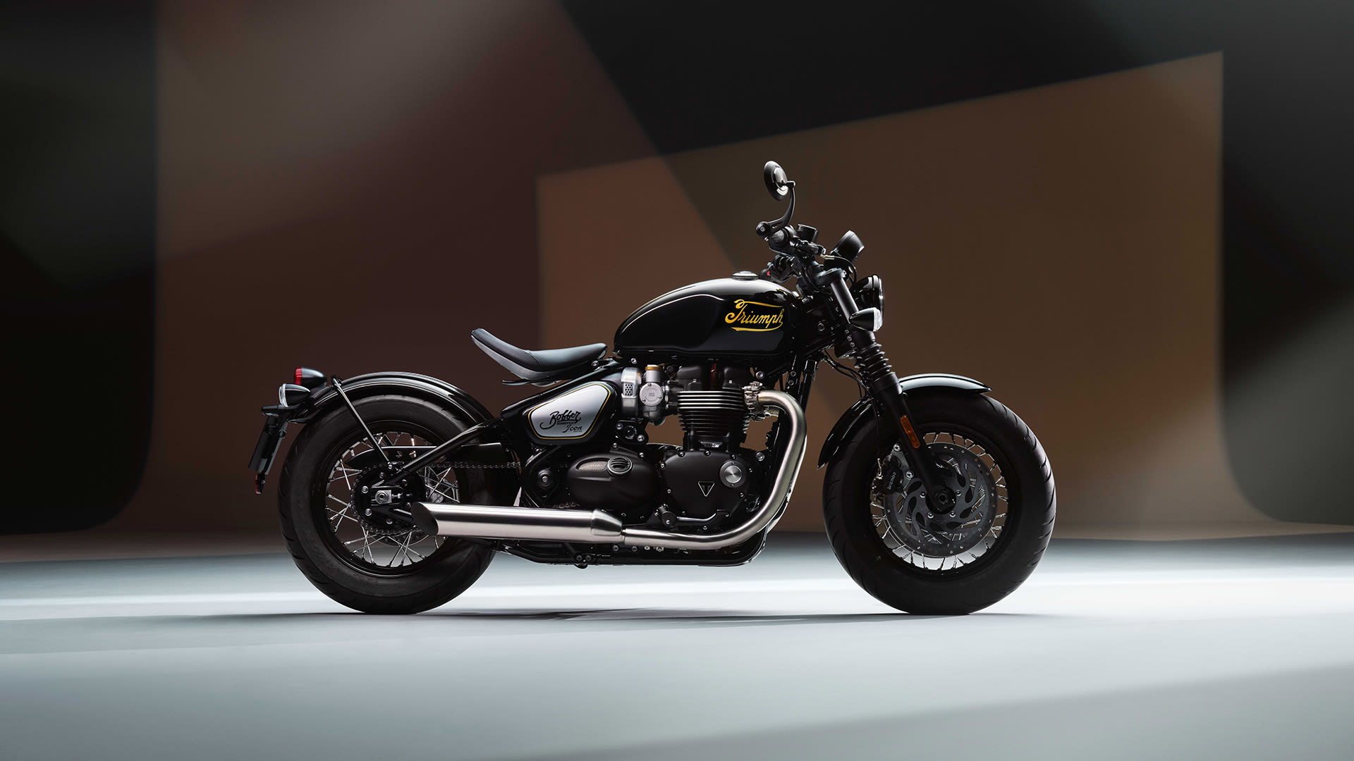 Stationary side view shot of Triumph Bonneville Bobber