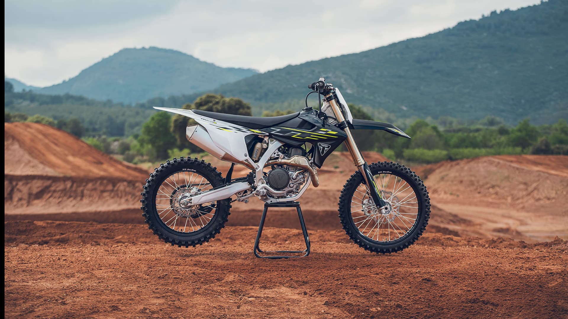 Stationary side view shot of Triumph TF 450-E