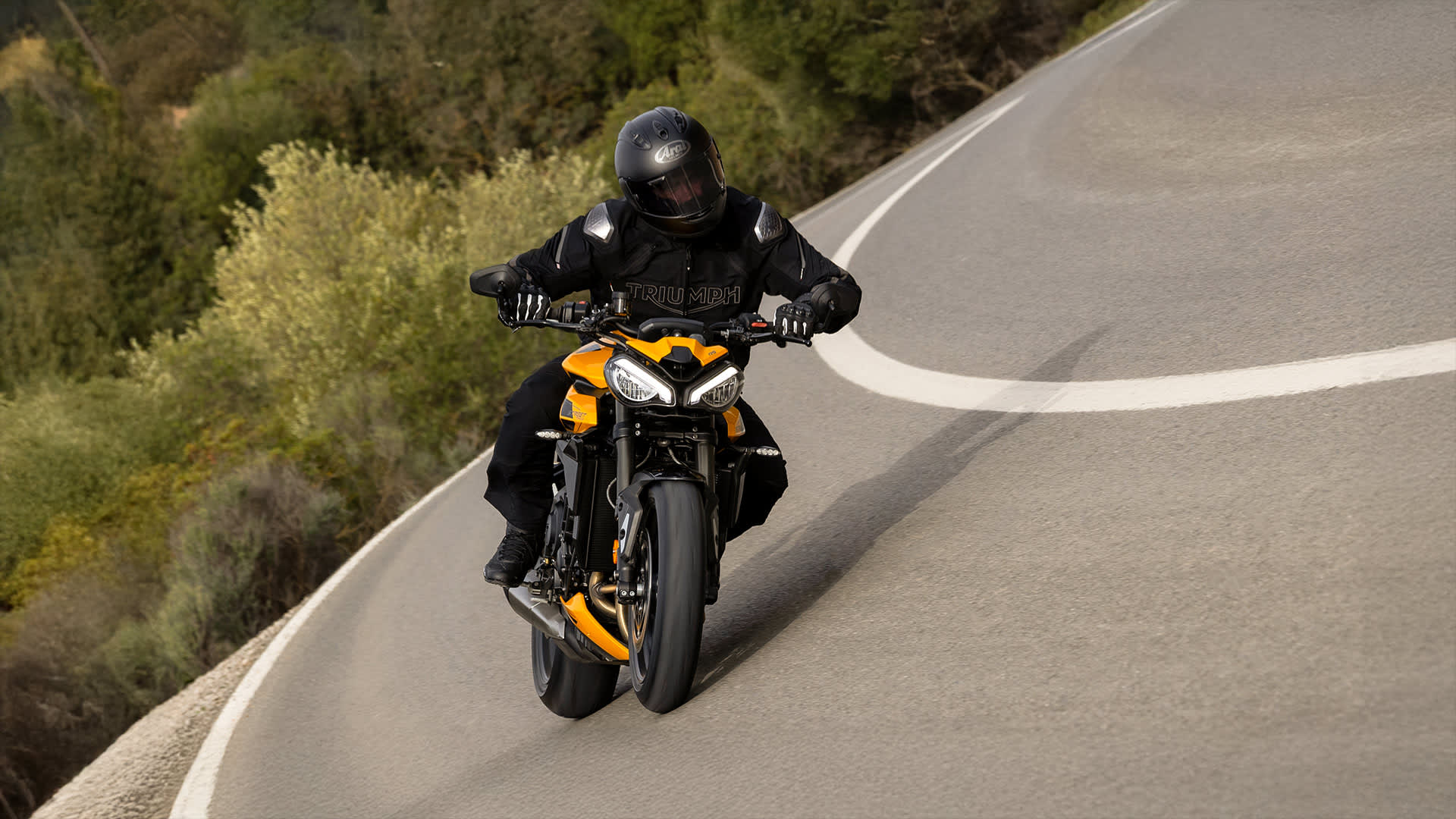 Front view action shot of Triumph Street Triple RS