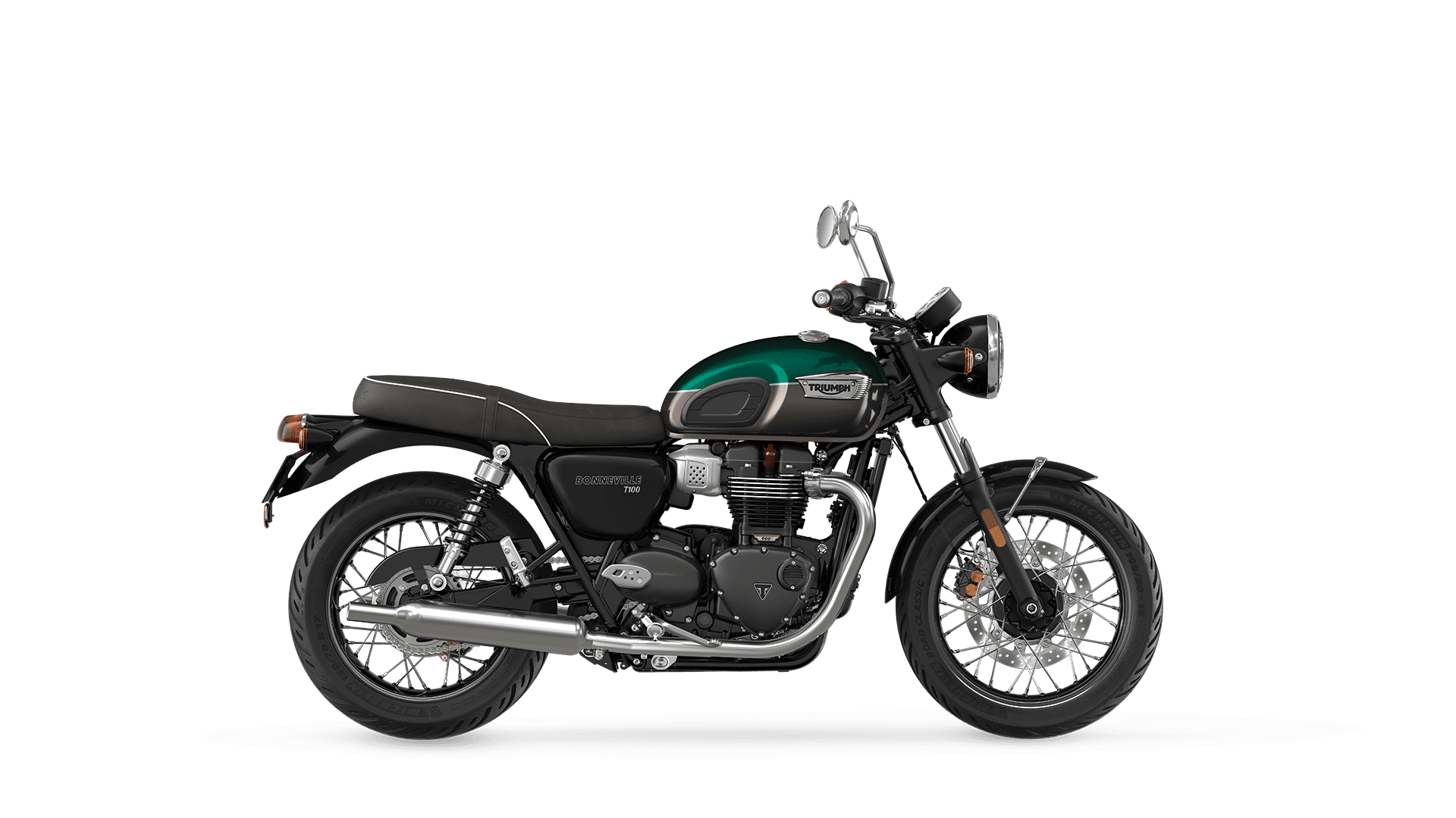 CGI of the Triumph Bonneville T100 in Competition Green & Ironstone