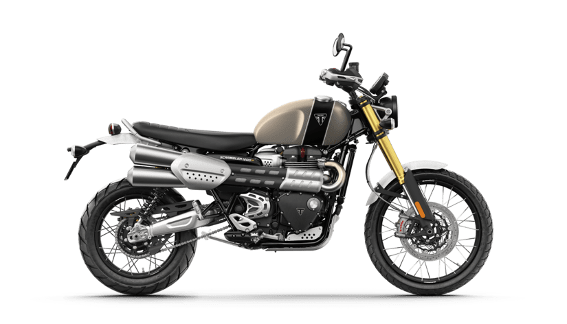 CGI of the Triumph Scrambler 1200 XE in Matt Sandstorm and Matt Jet Black