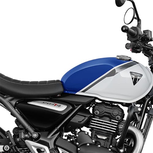Triumph X Bajaj Speed T4 in Caspian Blue and Pearl Metallic White close up of CGI