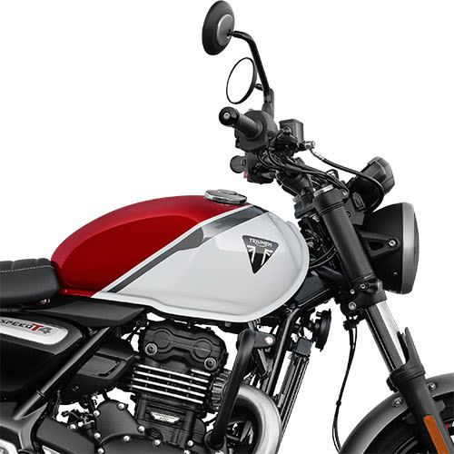 Triumph X Bajaj Speed T4 in Lava Red Gloss and Pearl Metallic White close up of CGI