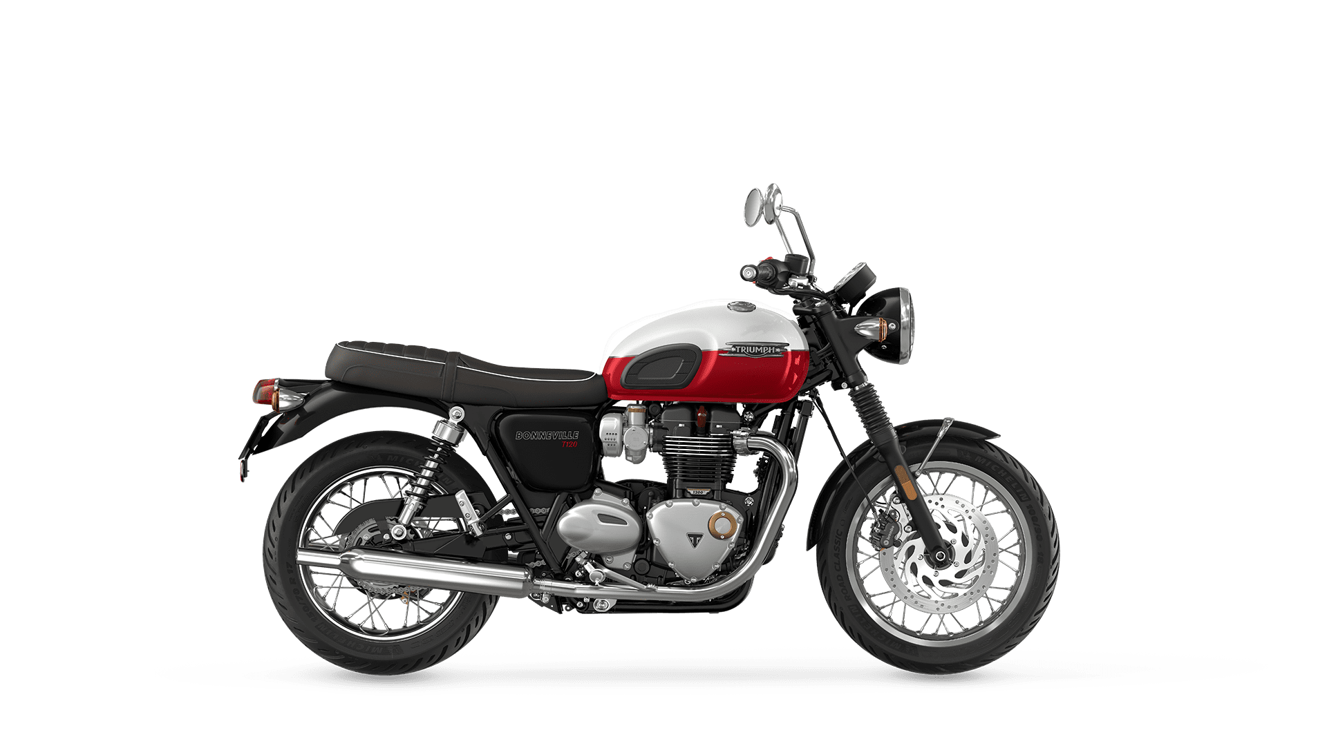 MY25 Bonneville T120 in Crystal White and cranberry red CGI