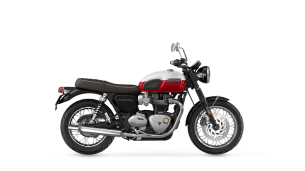 MY25 Bonneville T120 in Crystal White and cranberry red CGI