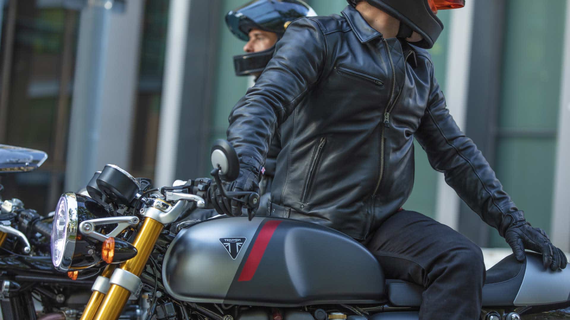 Rider on Triumph Thruxton RS in Matt Silver Ice & Matt Storm Grey
