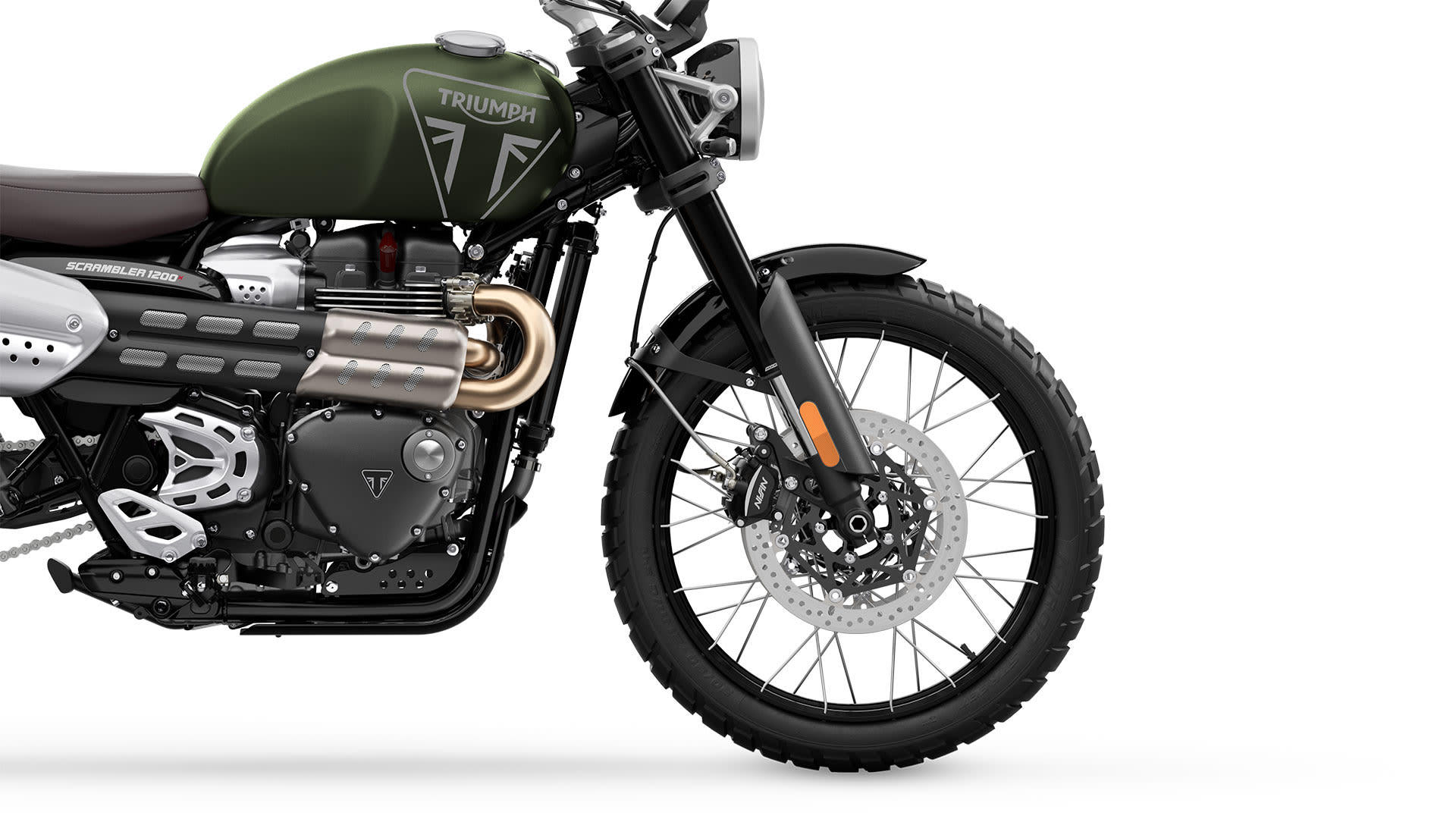 Triumph Scrambler 1200 X in Matt Khaki Green right hand side wheel and engine