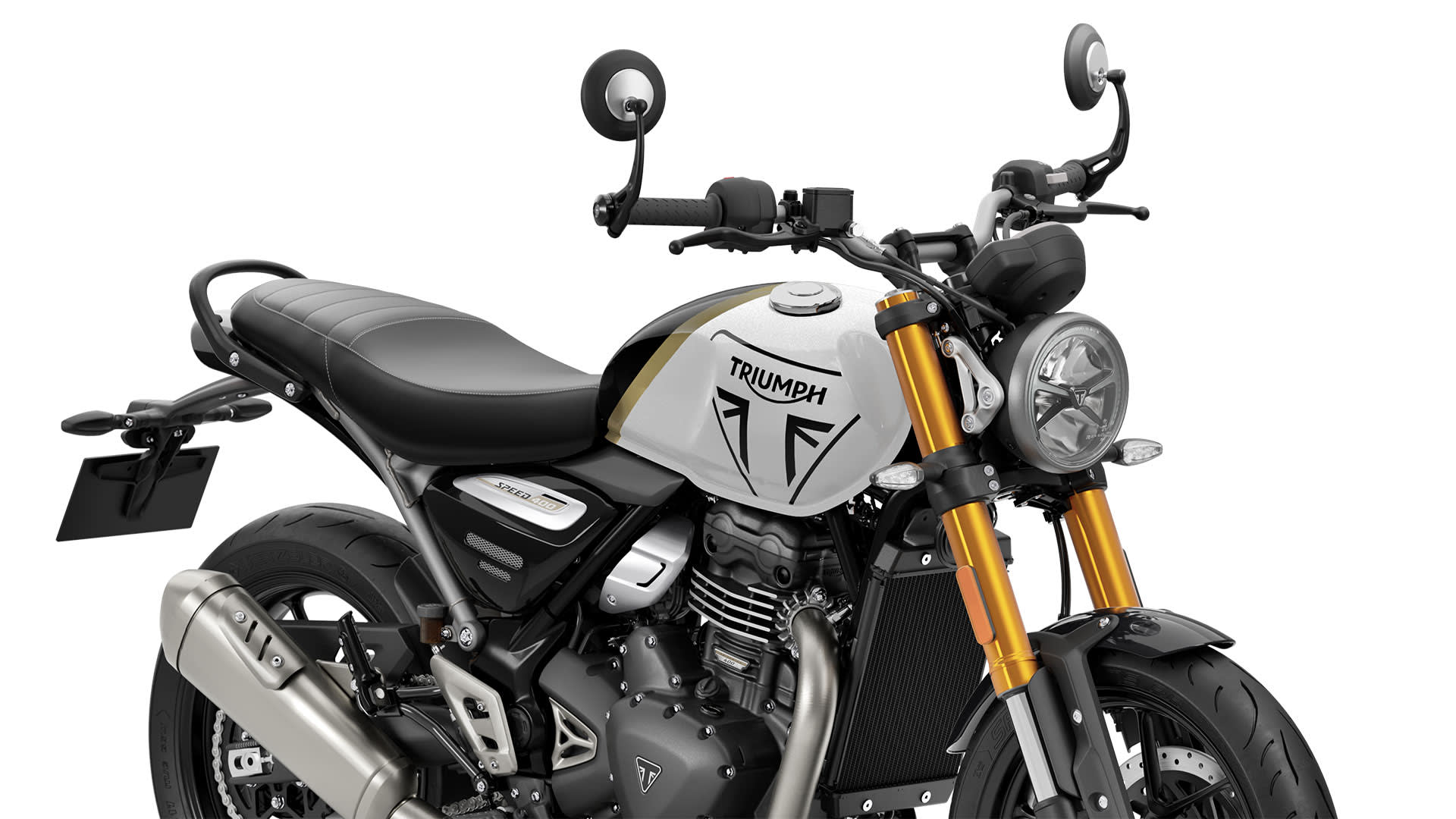 Triumph MY26 Speed 400 in Pearl Metallic White right hand angle