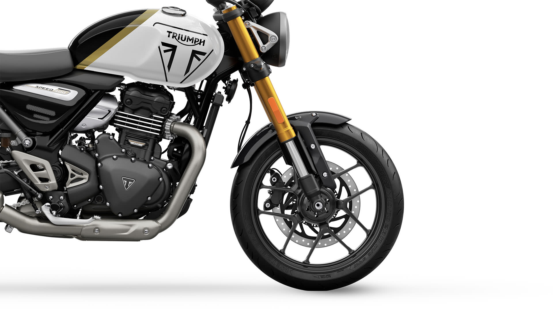 Triumph MY26 Speed 400 in Pearl Metallic White front right hand side