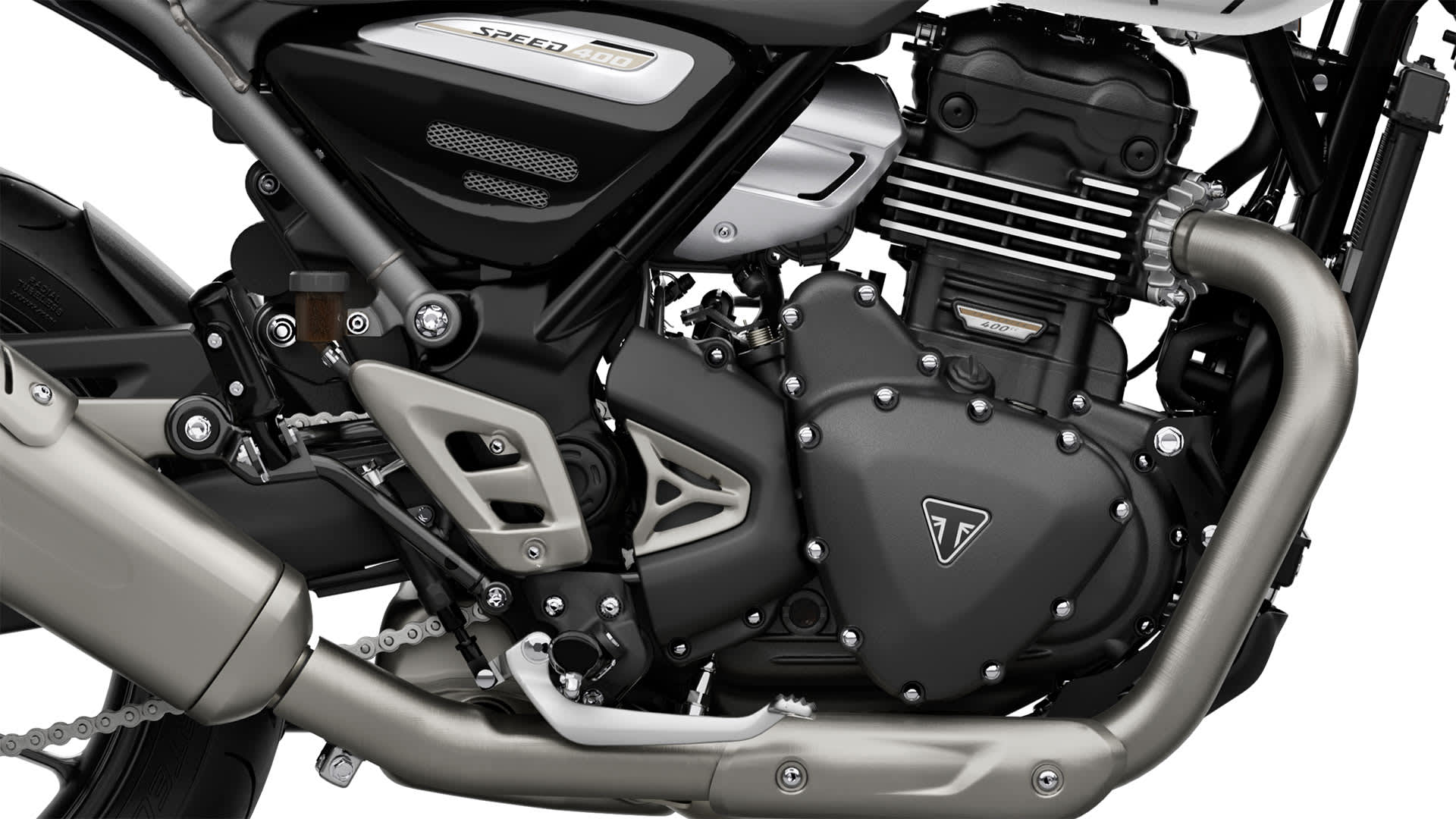Triumph MY26 Speed 400 in Pearl Metallic White engine