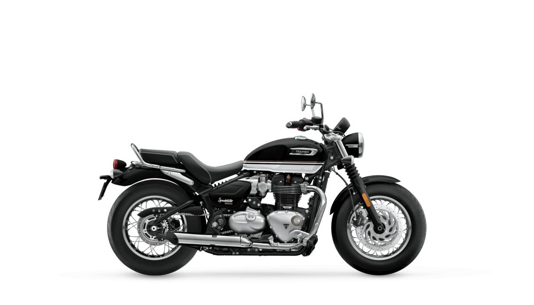 Bonneville Speedmaster in Sapphire Black and Crystal White right hand side view