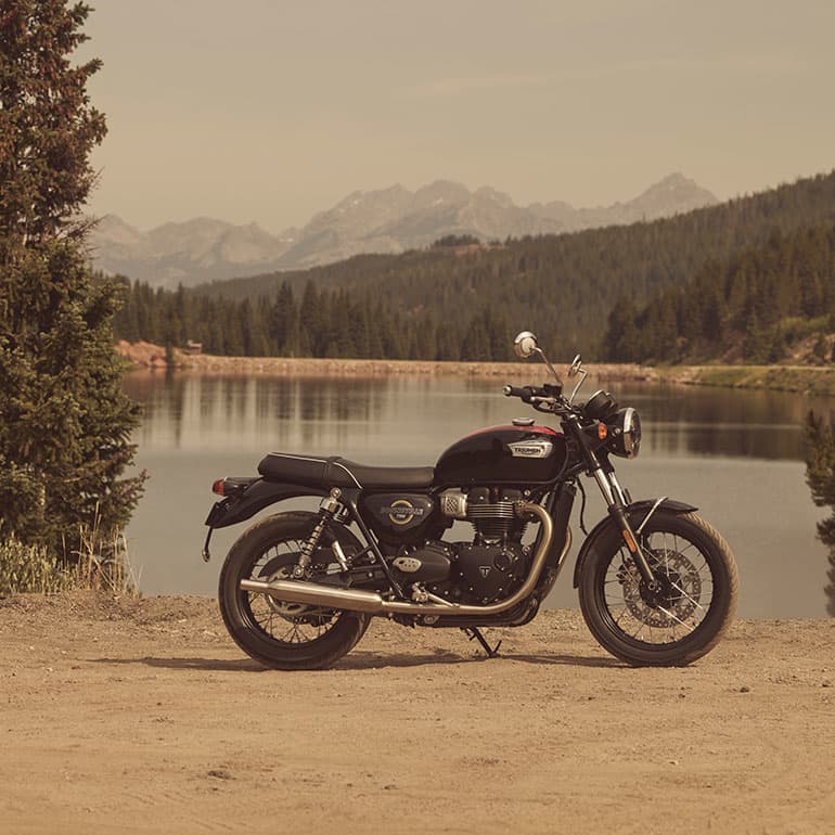 Triumph Bonneville T100 right hand side by the water