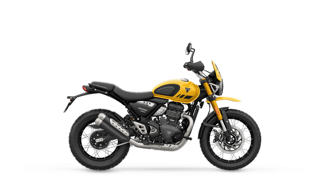 Triumph Scrambler 400 XC in Racing Yellow right hand side view