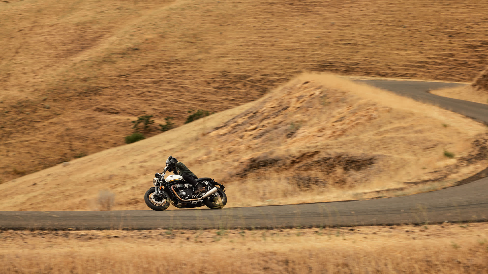 Triumph Speed Twin 1200 riding shot turning