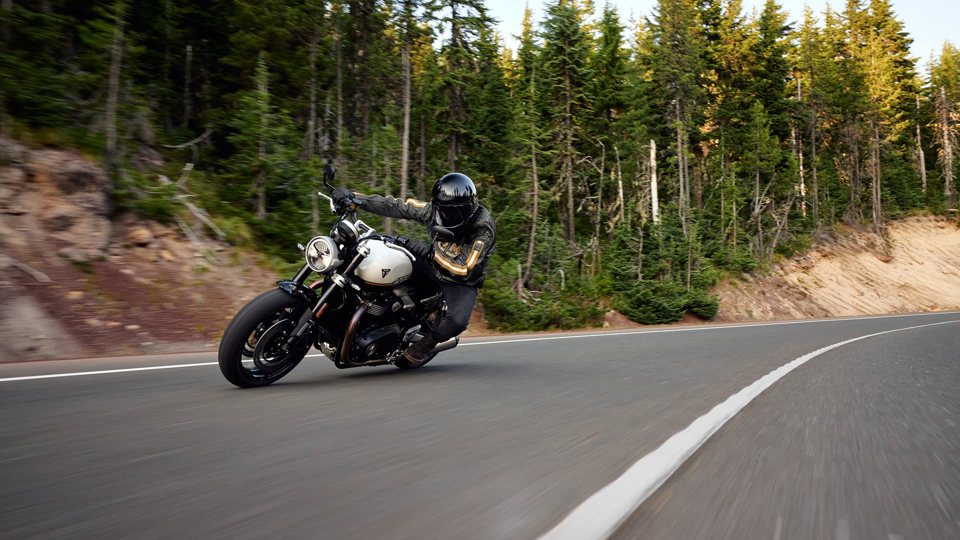 Triumph Speed Twin 1200 with rider on the road