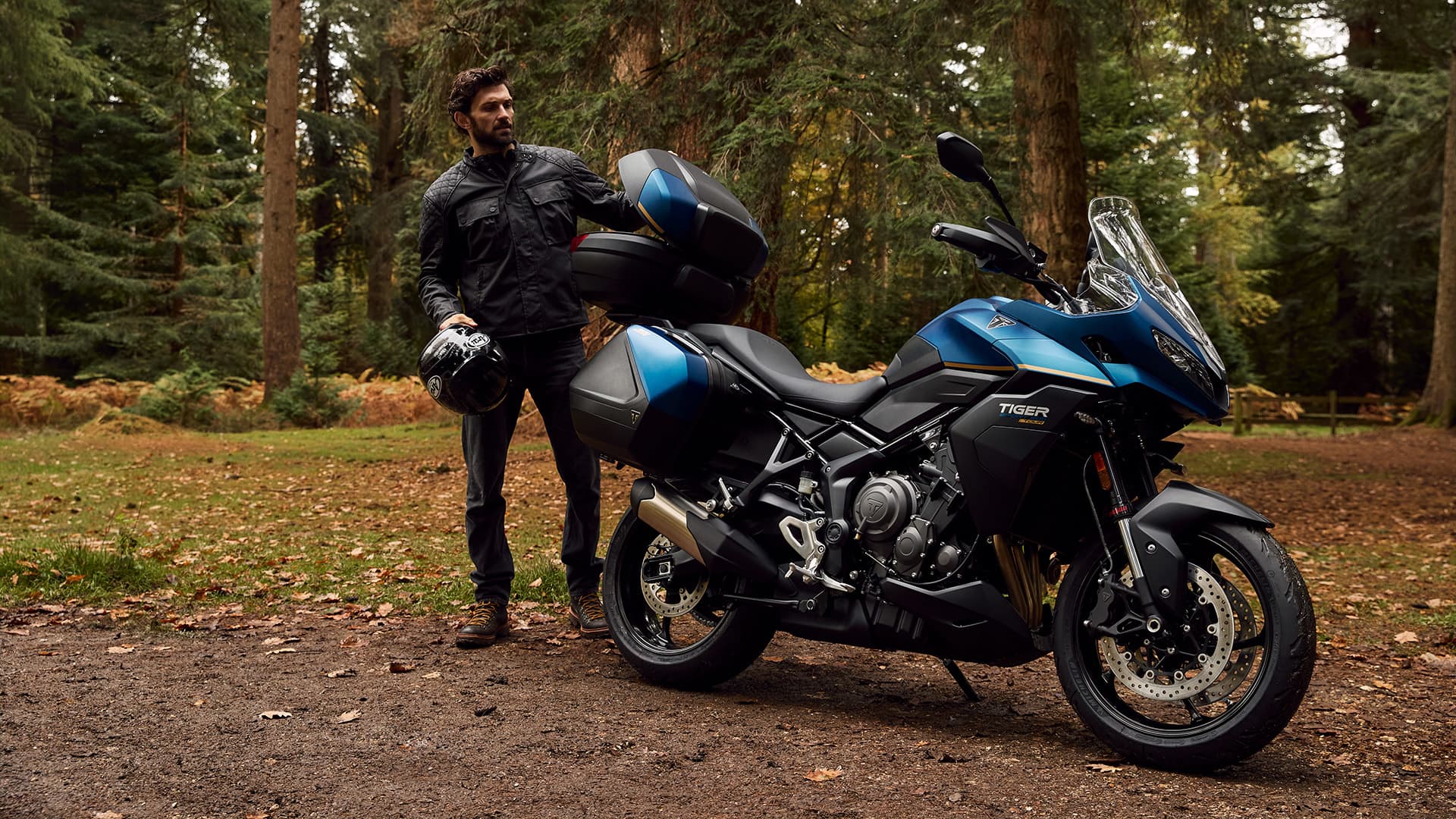 Man stood behind Triumph Tiger Sport 800 Tour in Matt cobalt