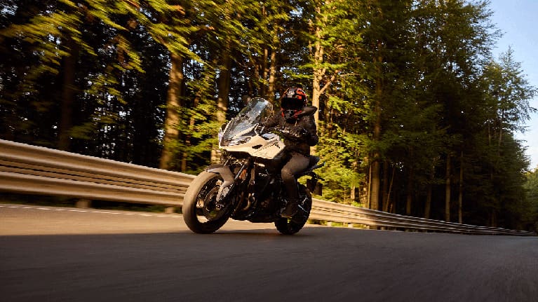 Tiger Sport 660 riding down a forest lined road