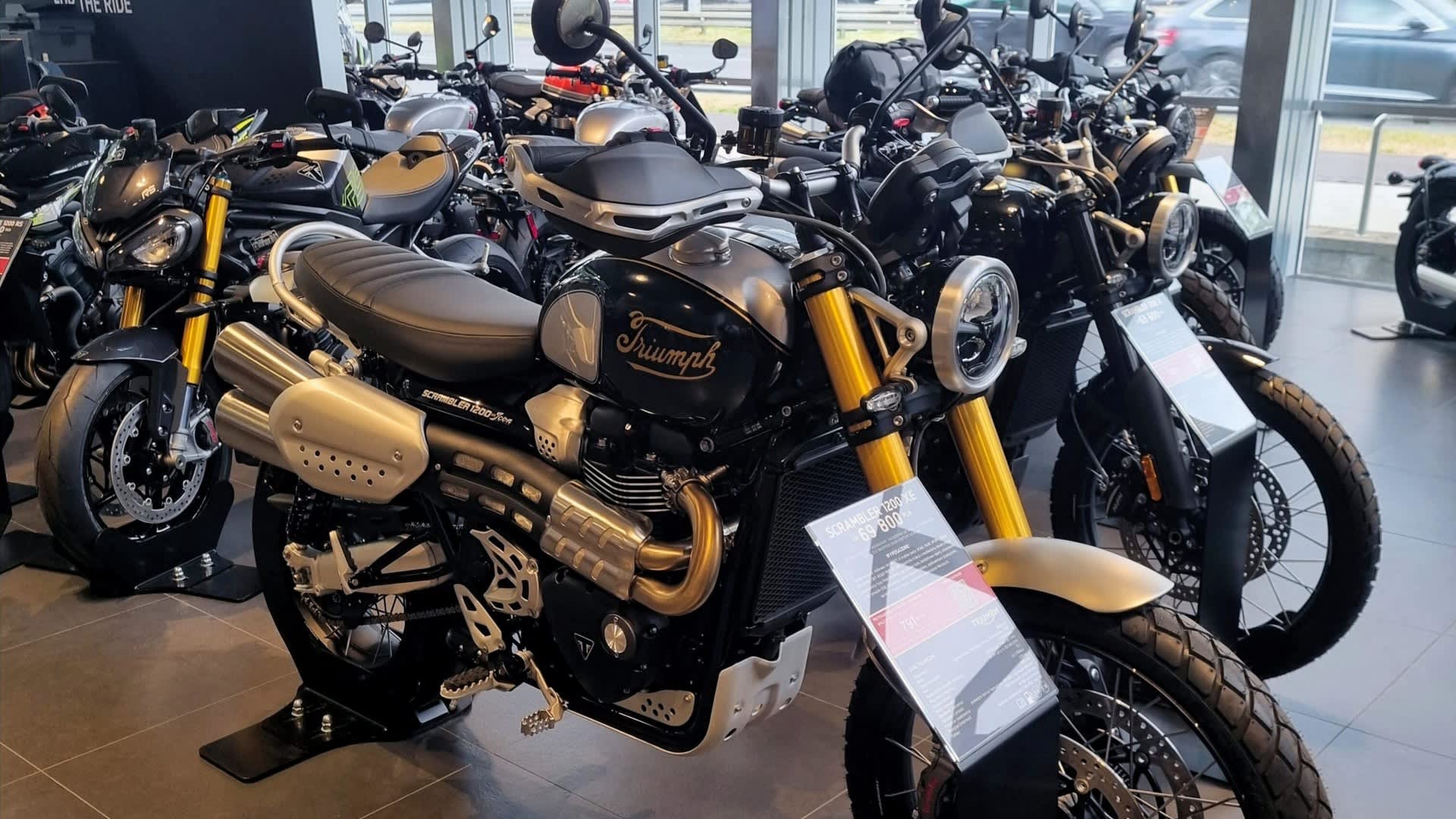 Angled side view stationary shot of Triumph Scrambler 1200 Icon Edition