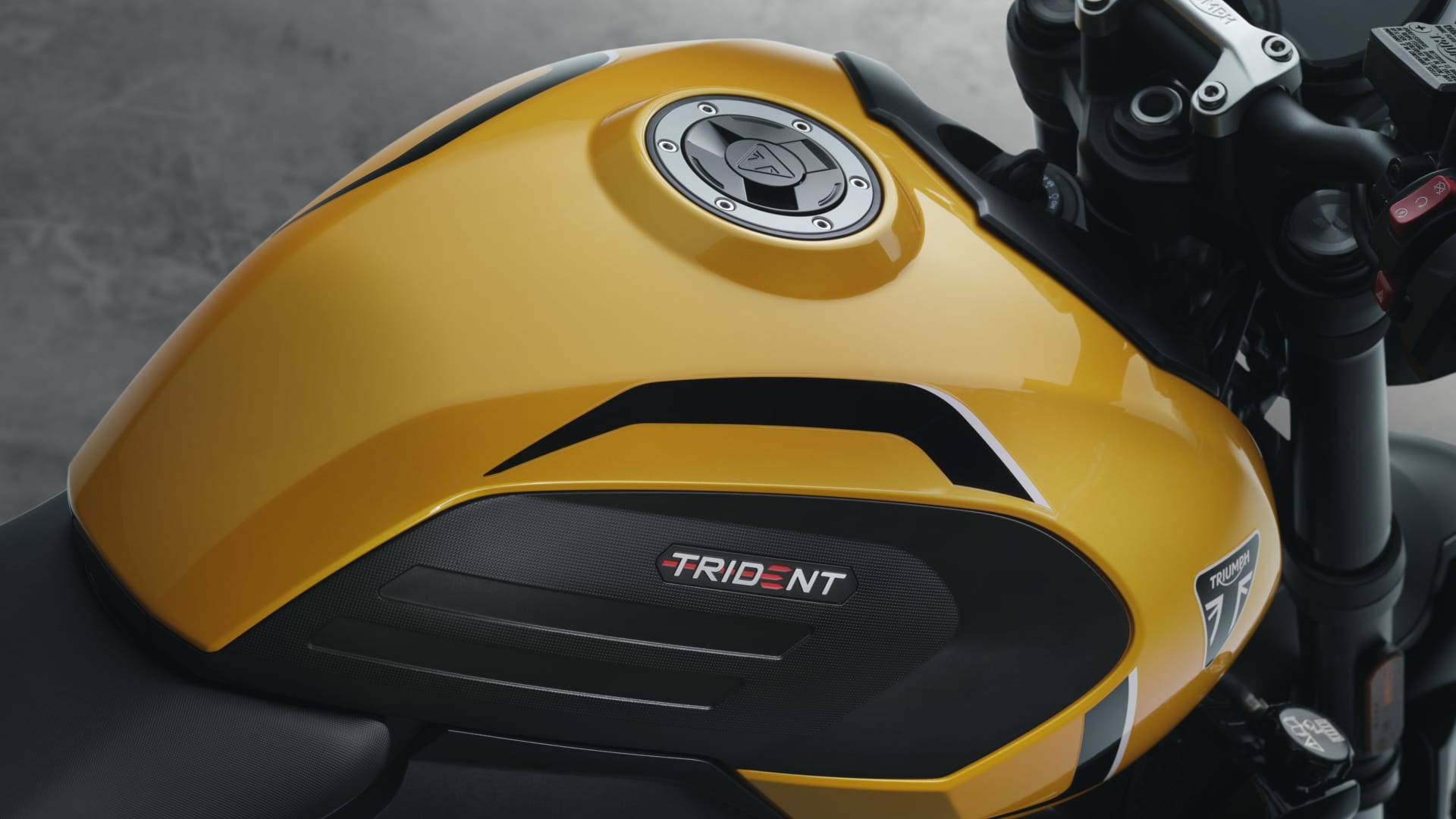 Angled side view close up shot of Triumph Trident 660 fuel tank
