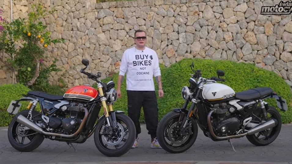 Man standing between two Triumph Speed Twins 1200s