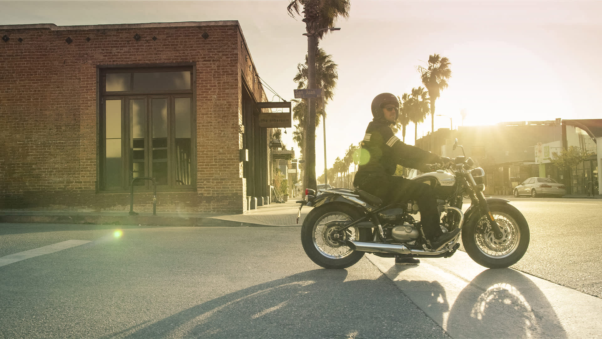 Triumph Speedmaster stopped at intersection of city street
