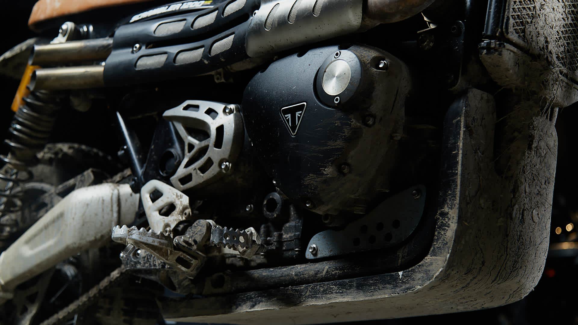 Close up shot of the Scrambler 1200 Bond Movie Bike engine