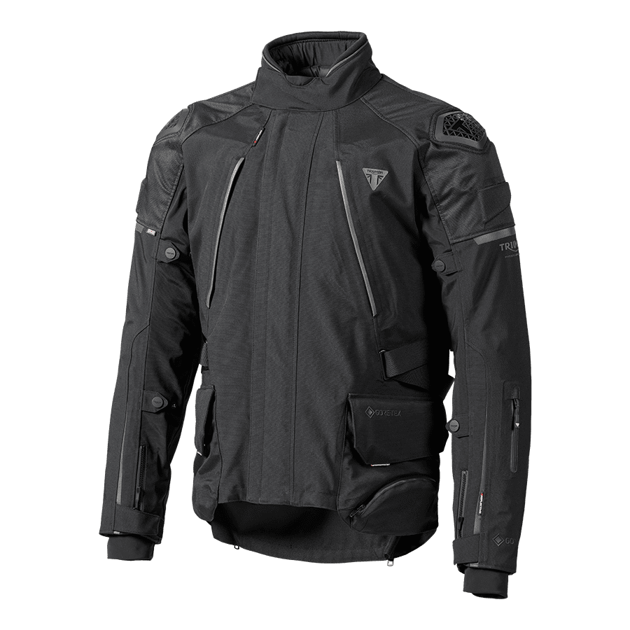 Triumph Motorcycle Adventure Clothing Alder GTX Jacket Black Front Side Flat Shot