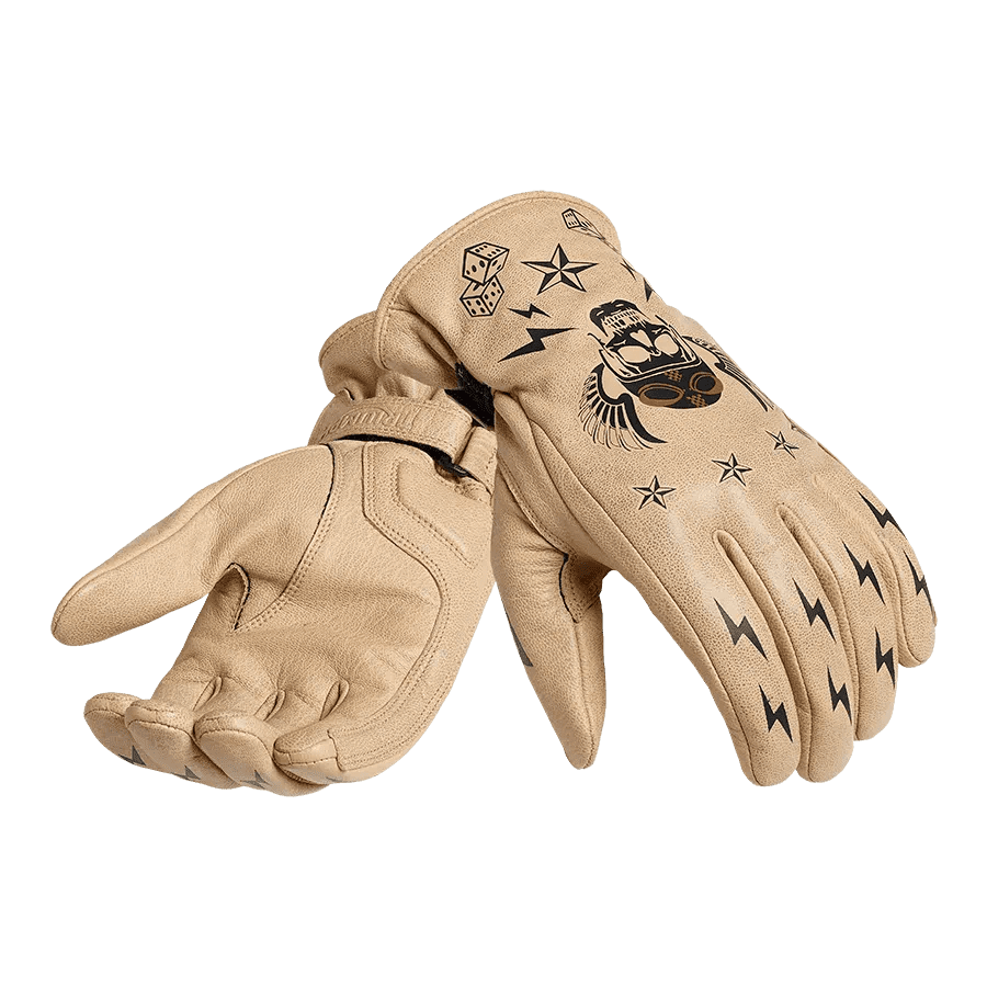 Triumph Reckless leather gloves with print, natural, flat shot, right glove palm up, left glove palm down. 