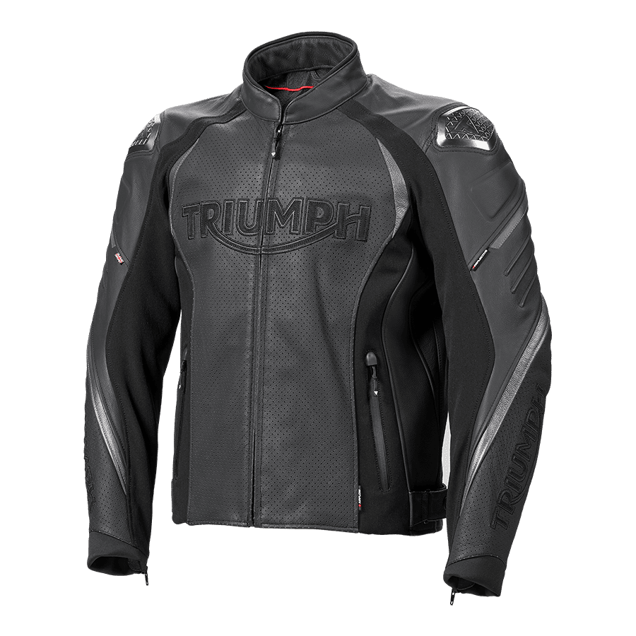 Triumph triple perforated leather jacket, black, flat shot, front, left shoulder forward. 