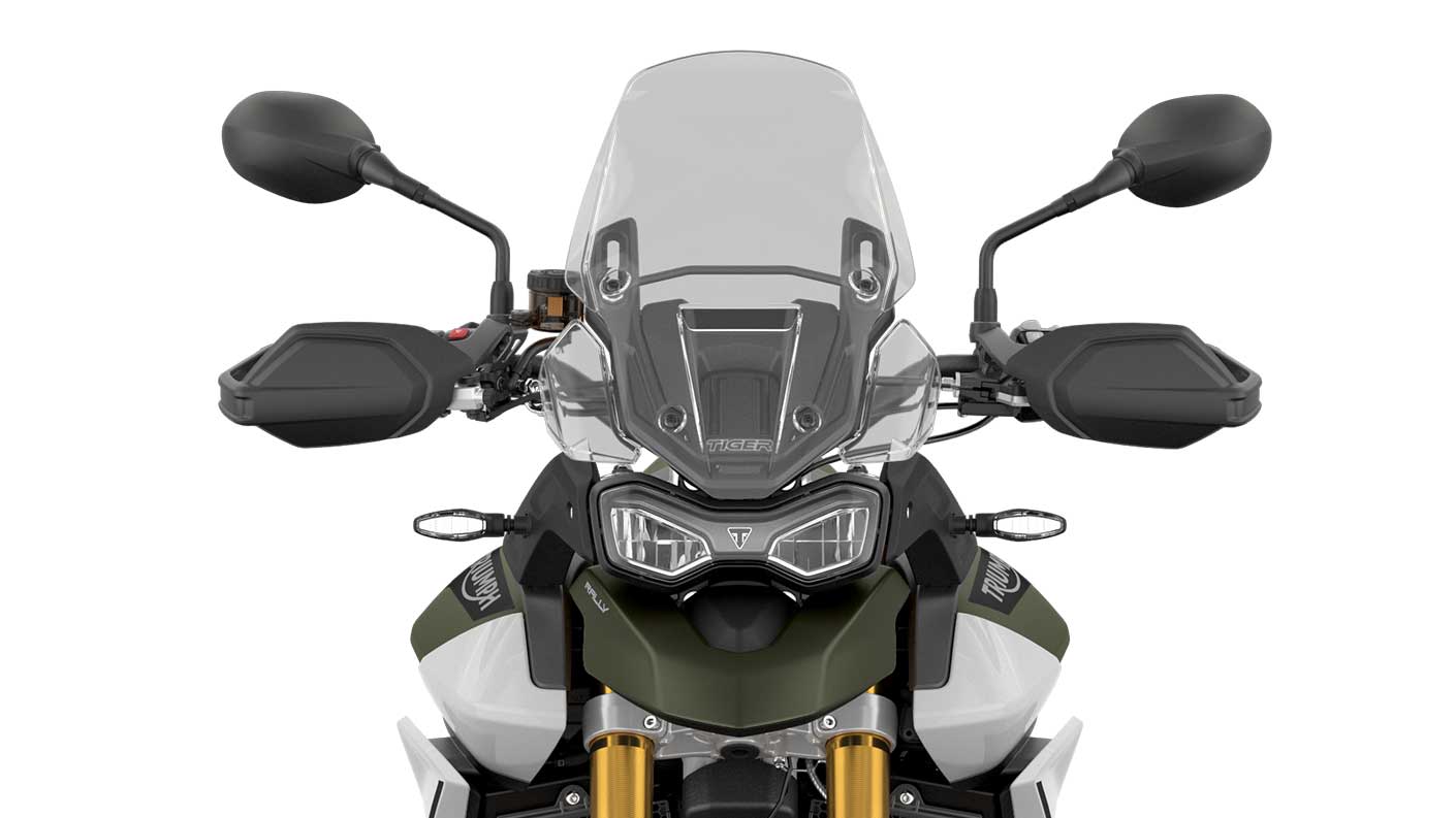 CGI close -up of the front of a Triumph Tiger 900 Rally 