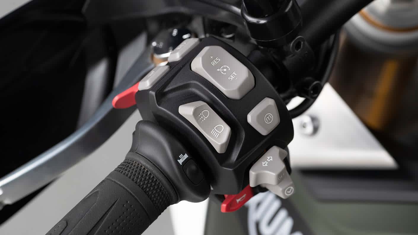 Close-up of switchcube on the Triumph Tiger 900 Rally Pro