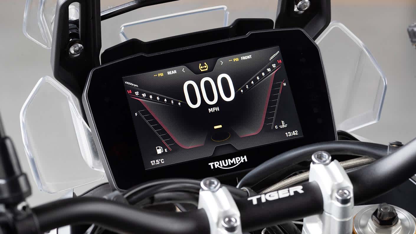 Close-up of Triumph Tiger Rally Pro 7-inch TFT instruments
