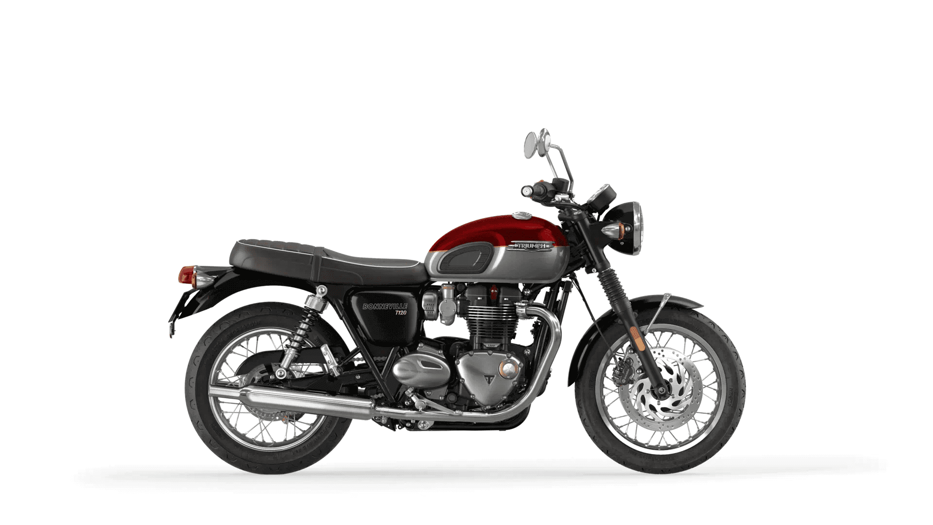 Triumph Bonneville T120 in Cordovan Red and Silver Ice Right CGI
