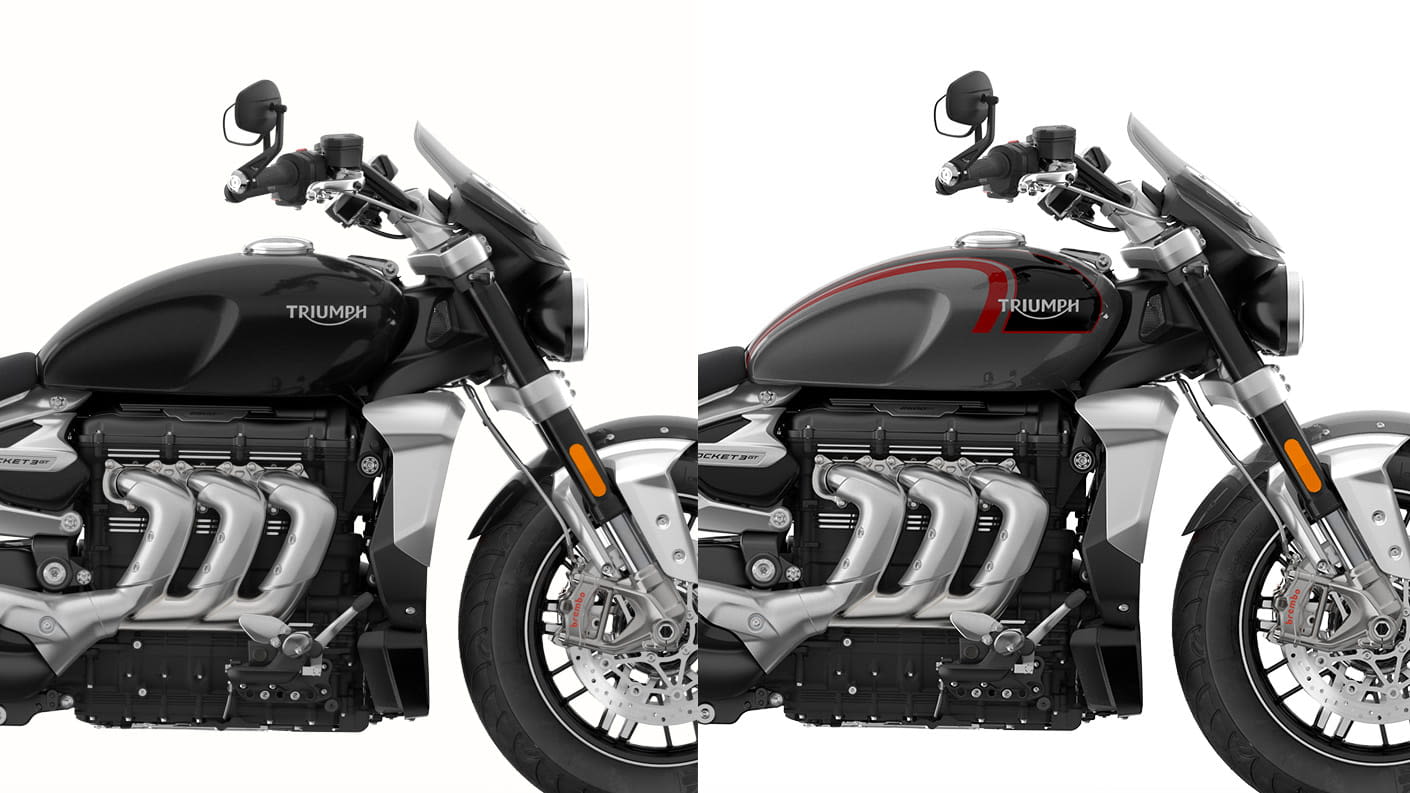 Comparison CGI shot of the Triumph Rocket 3 GT range in Phantom black and Silver Ice & Storm Grey, displaying the triple engine and class-defining finish
