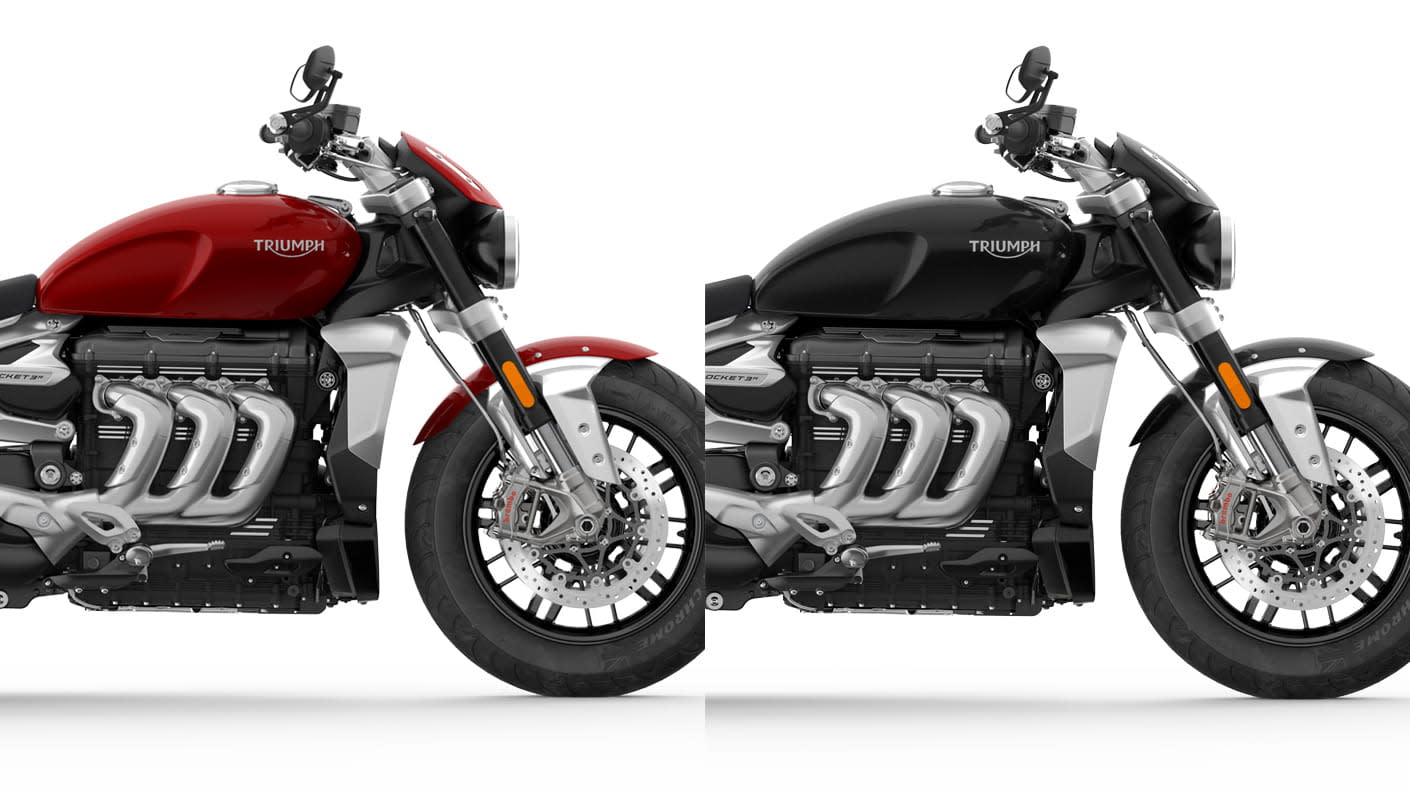 CGI for colour comparison of Triumph Rocket 3 R in Korosi Red and Phantom Black