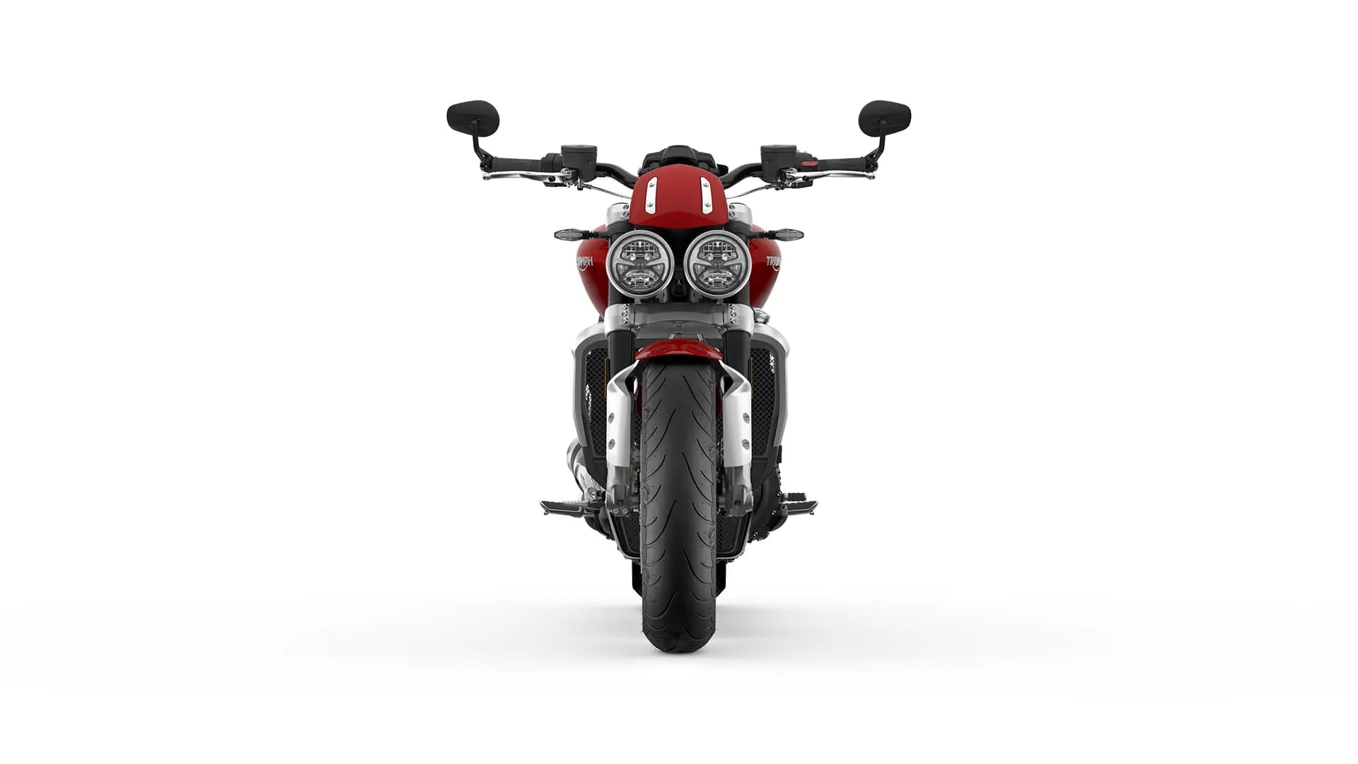 The front CGI view of the new Triumph Rocket 3 R featuring the twin LED headlights 