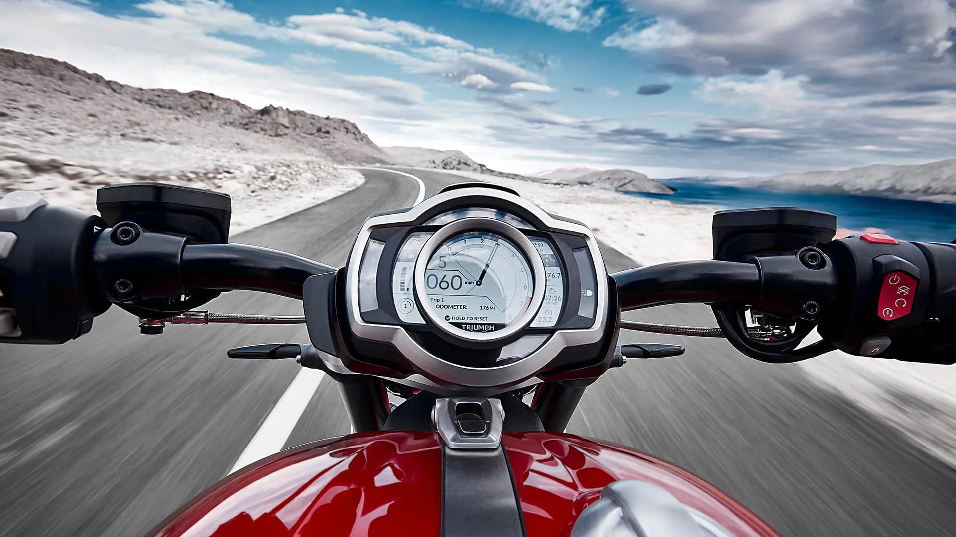 Handling view of the Triumph Rocket 3 R built with a focus of the second generation TFT instruments