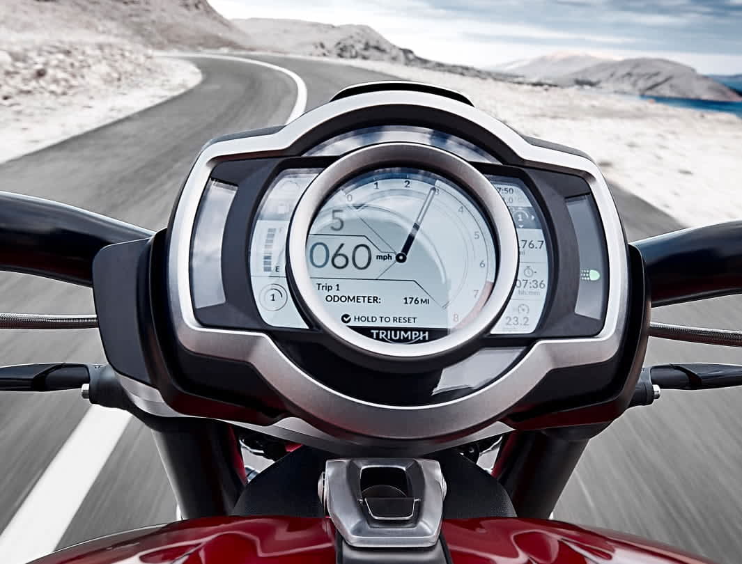 Handling view of the Triumph Rocket 3 R built with a focus of the second generation TFT instruments