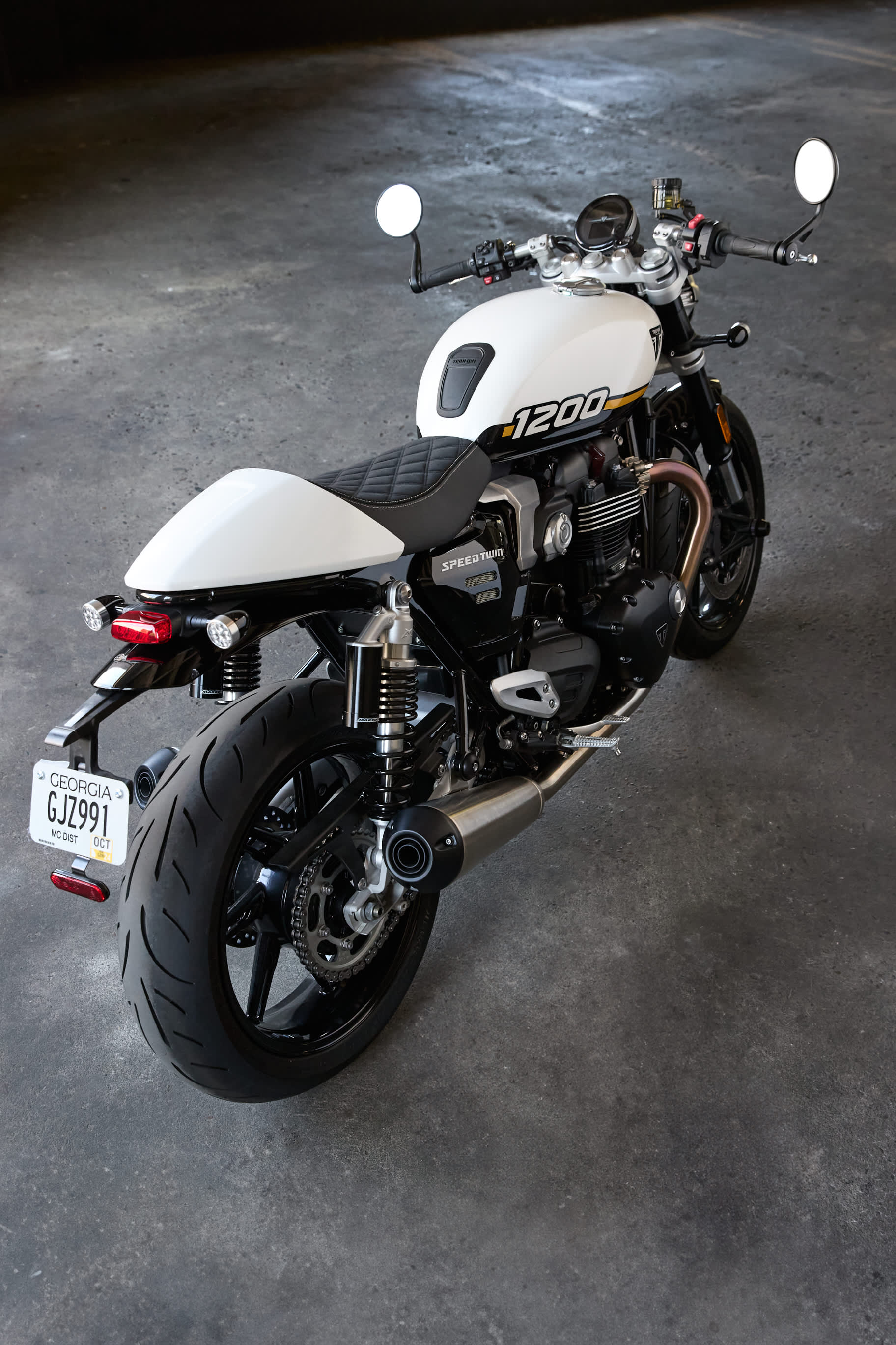 Rear angled shot of stationary Triumph Speed Twin 1200