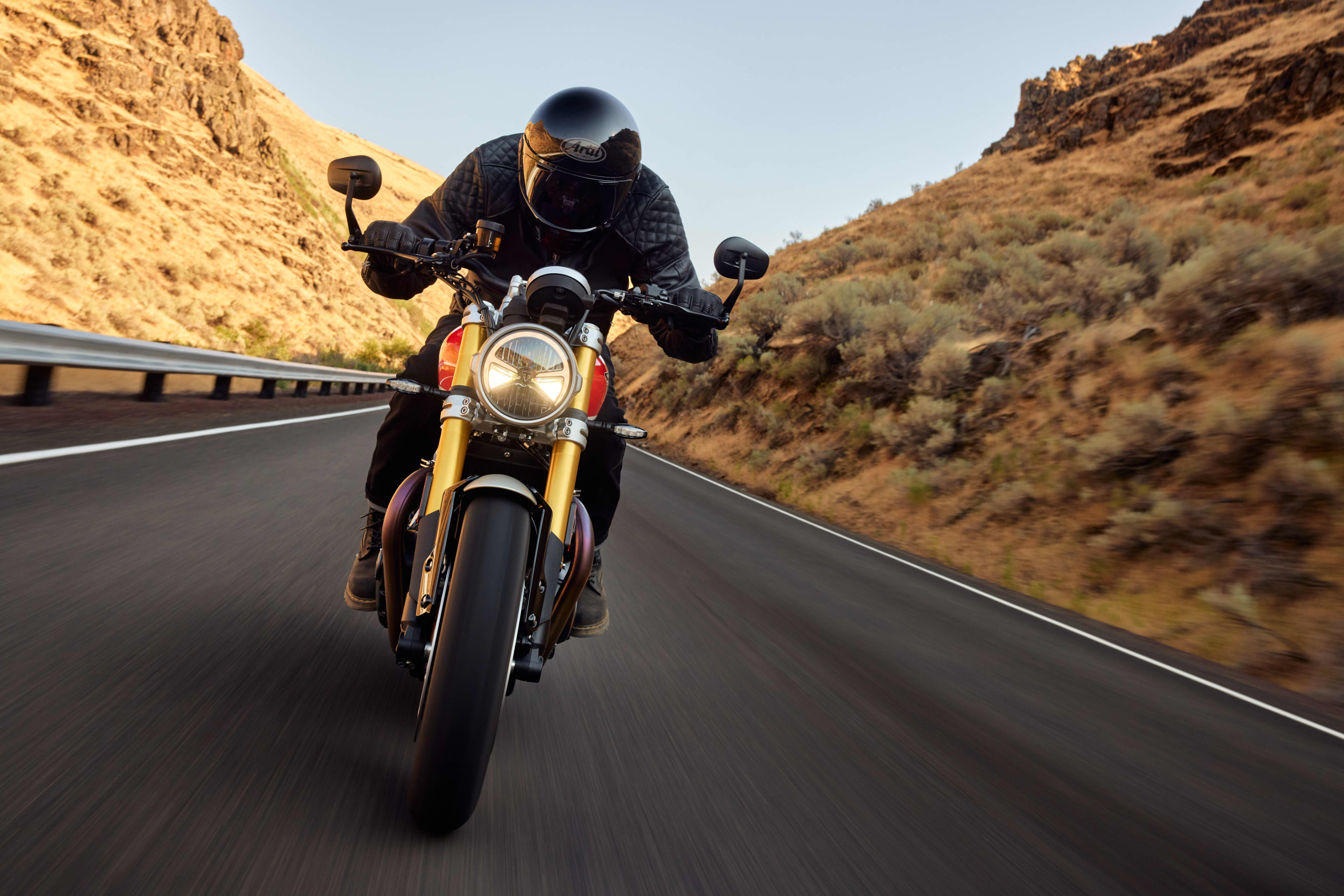 Front view riding shot of Triumph Speed Twin 1200 RS