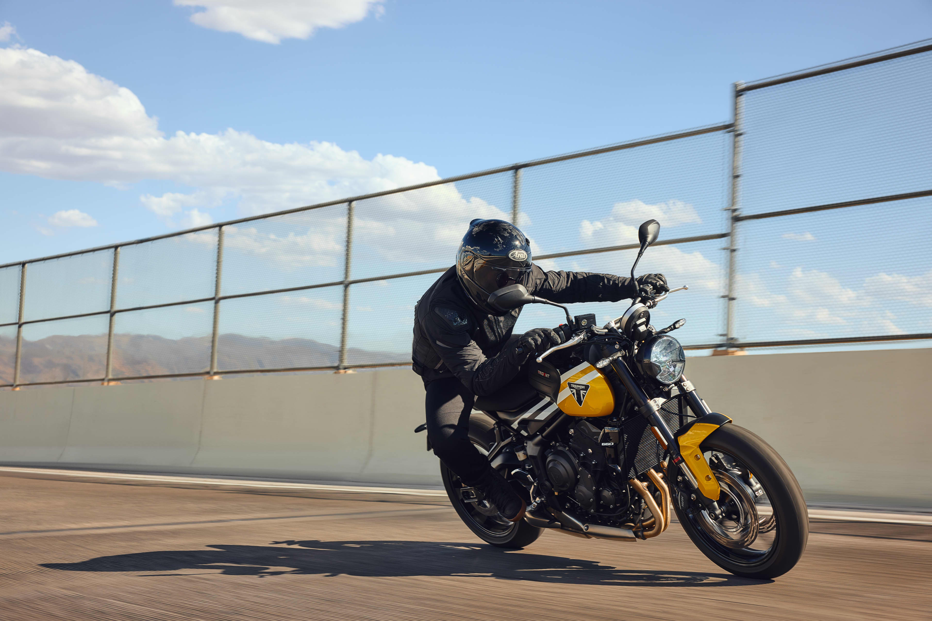 A shot of a rider on the Trident 660 