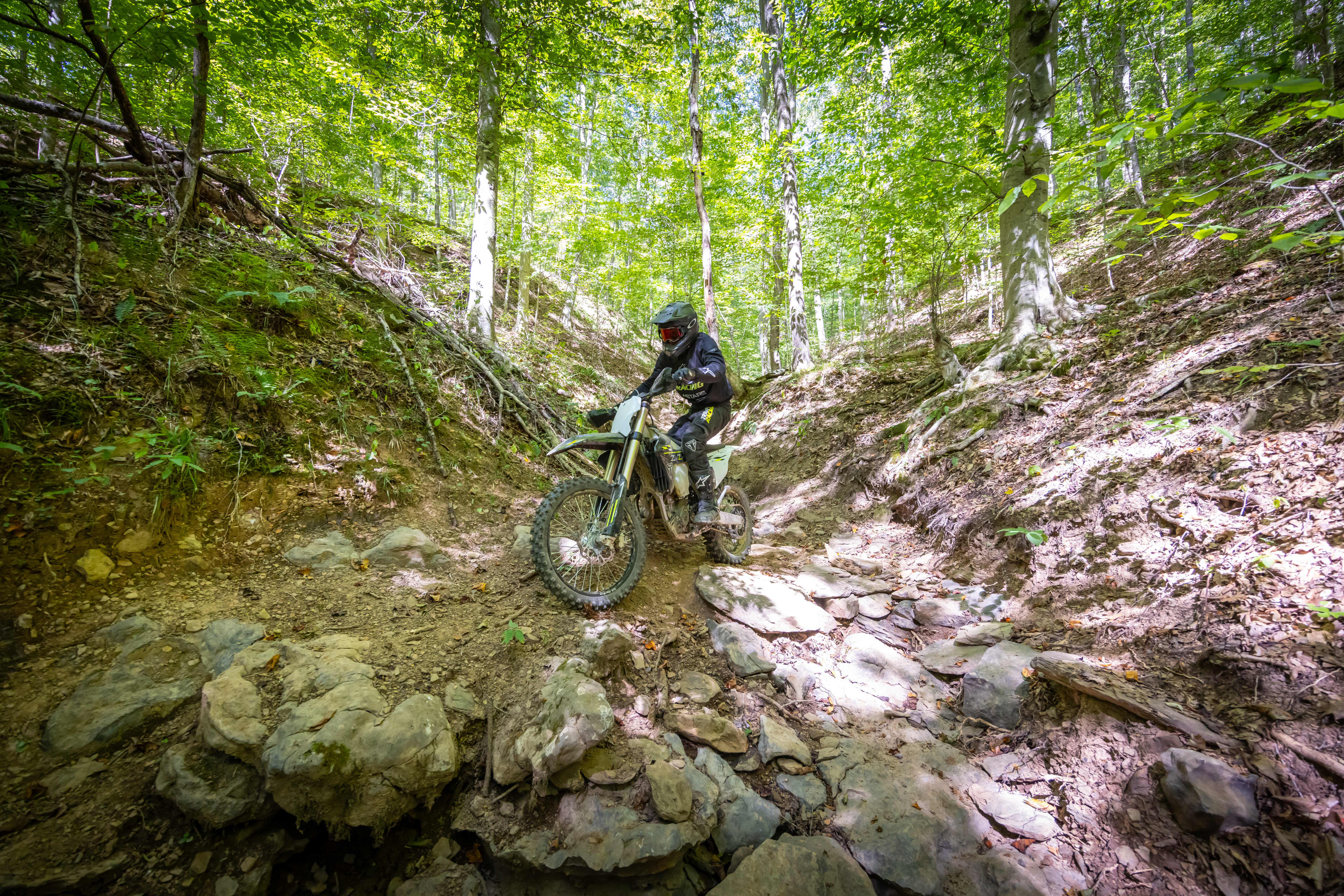Triumph Cross Country motorcycle going through a small valley in a forest