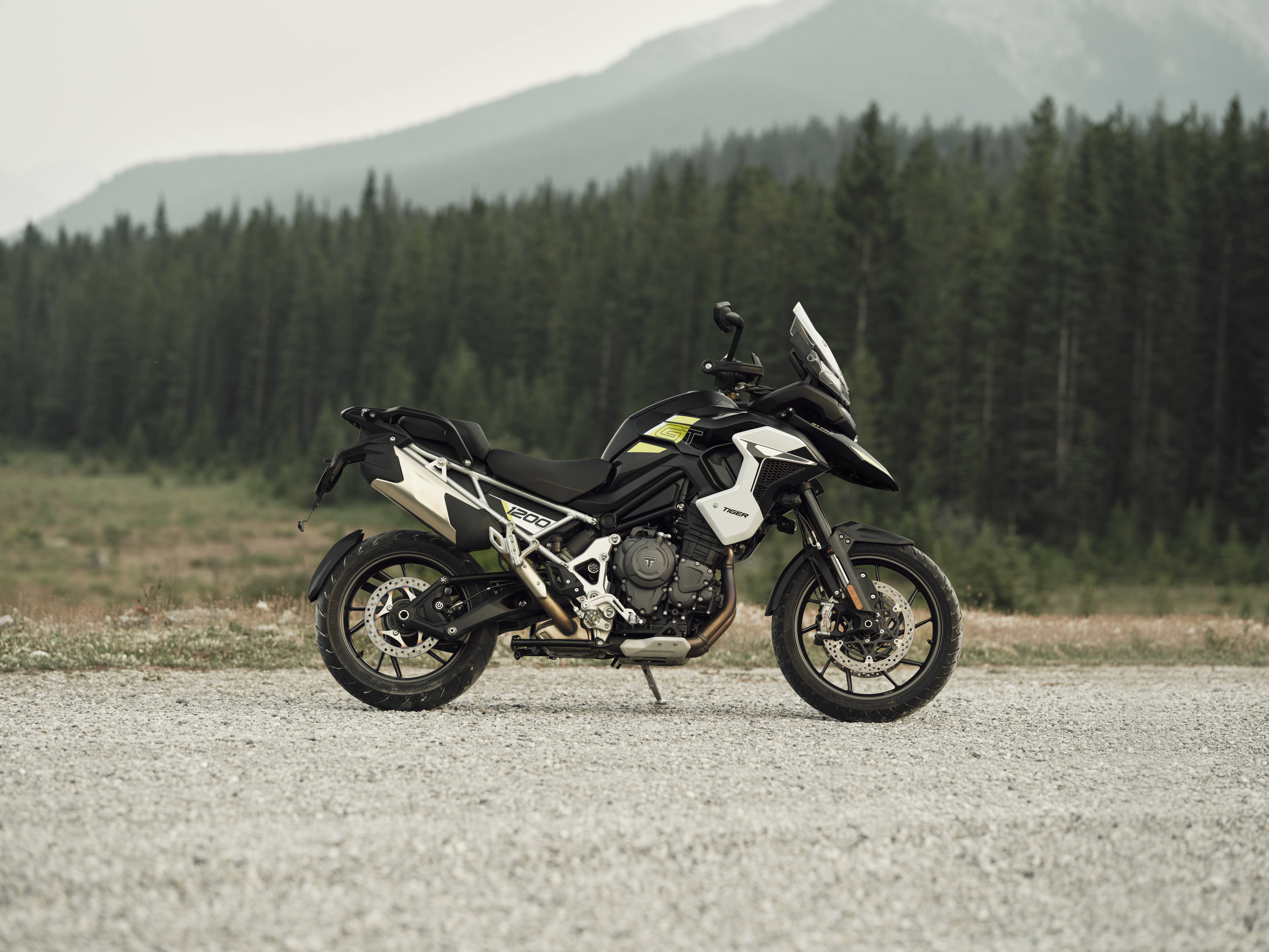 Studio front view of a Triumph Tiger 1200 GT Pro adventure touring motorcycle highlighting LED headlights and windscreen.