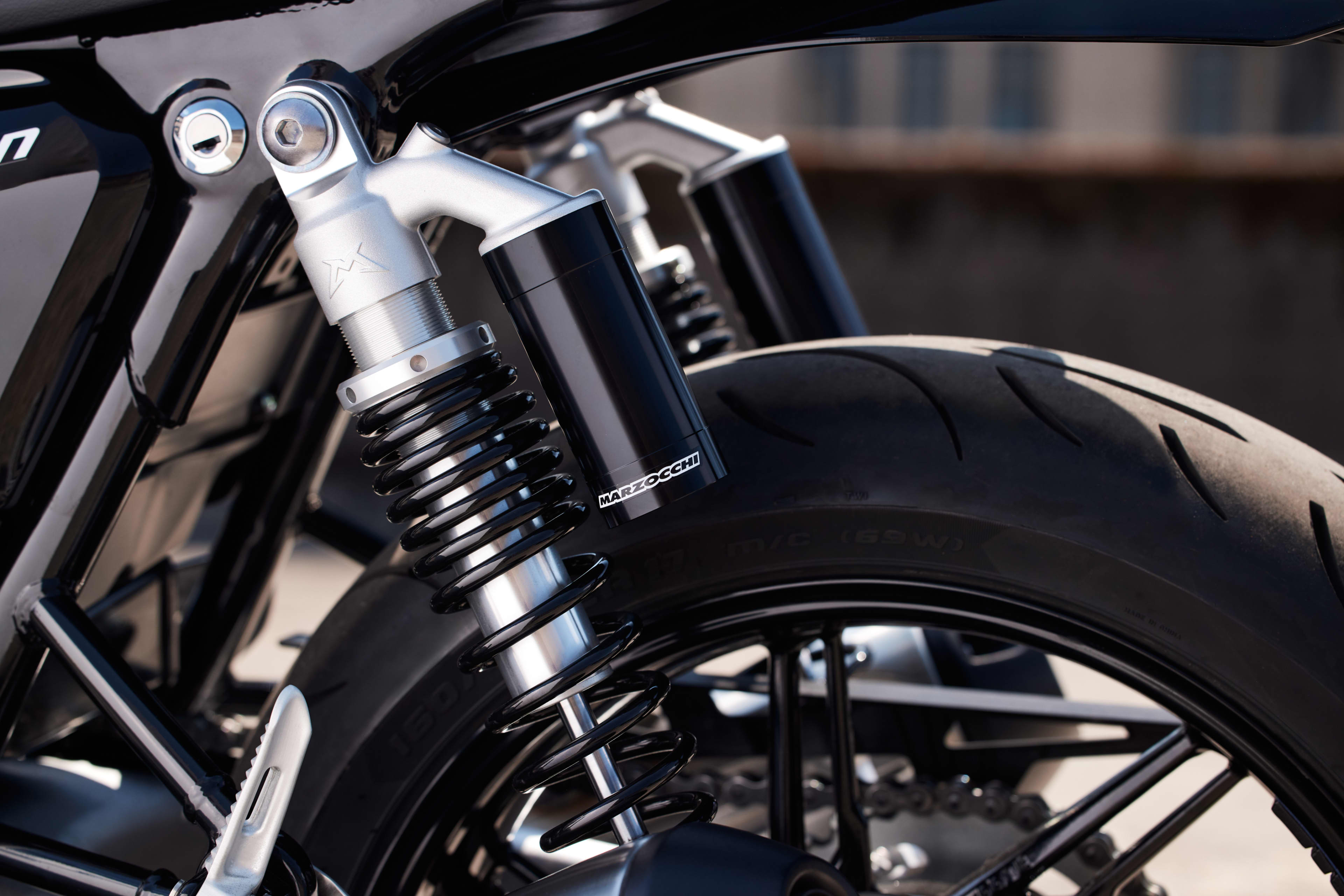 Close up shot of Triumph Speed Twin 1200 twin Marzocchi rear shocks