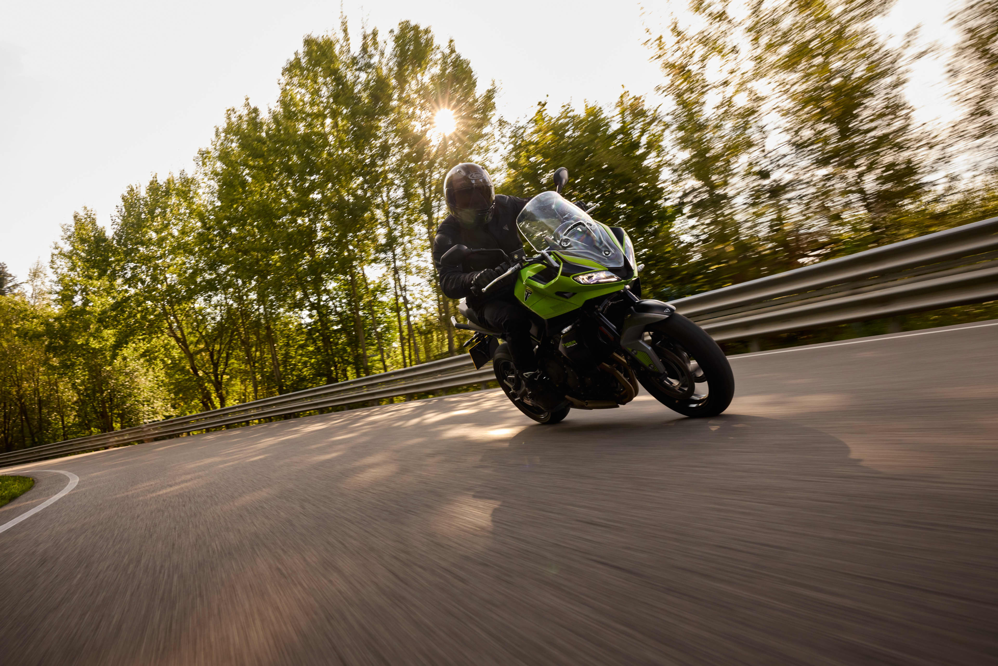 Back left view of Tiger Sport 800 Tour on a road with a field in the background