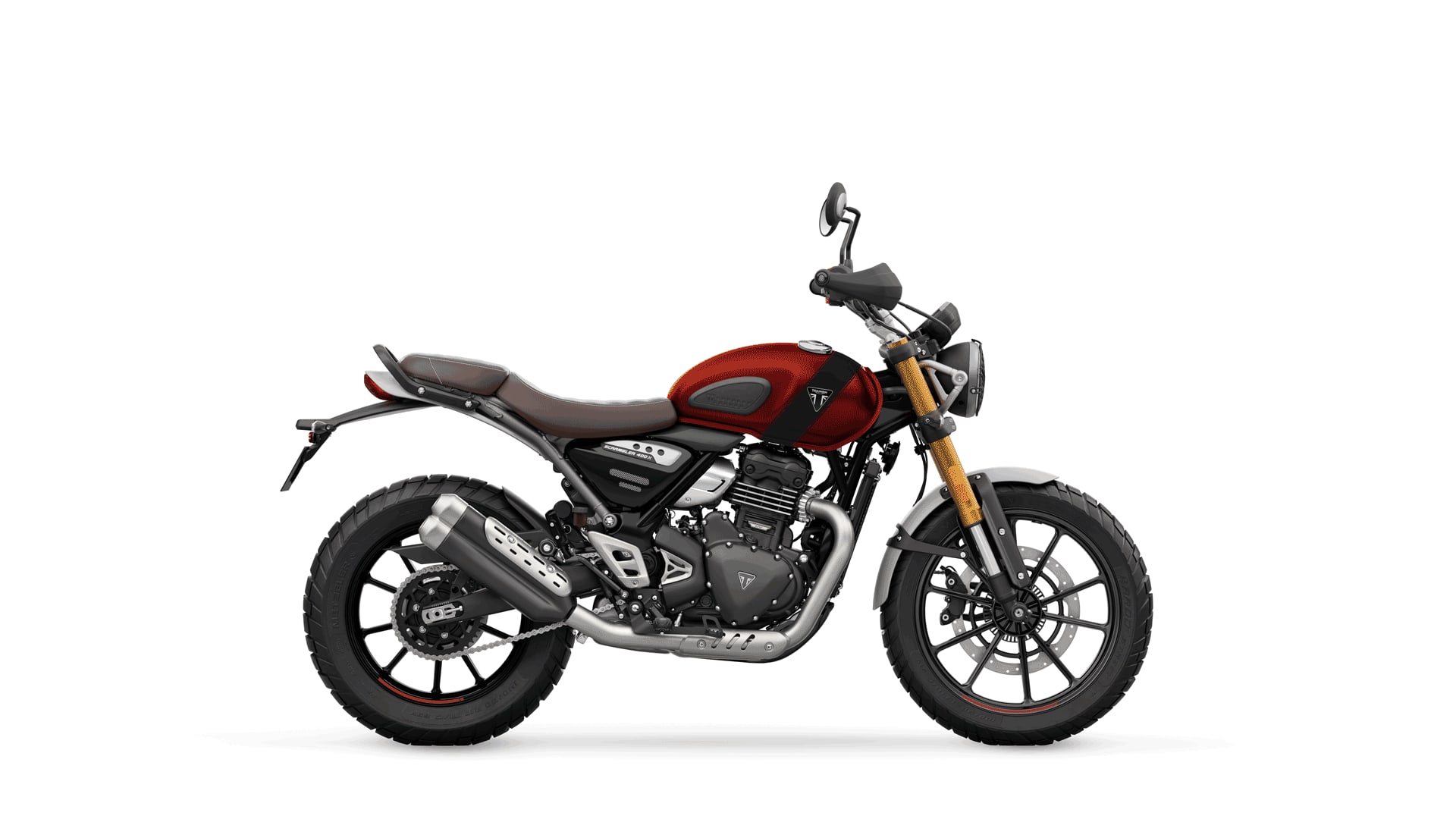 Triumph Scrambler 400 X in Volcanic red right hand side