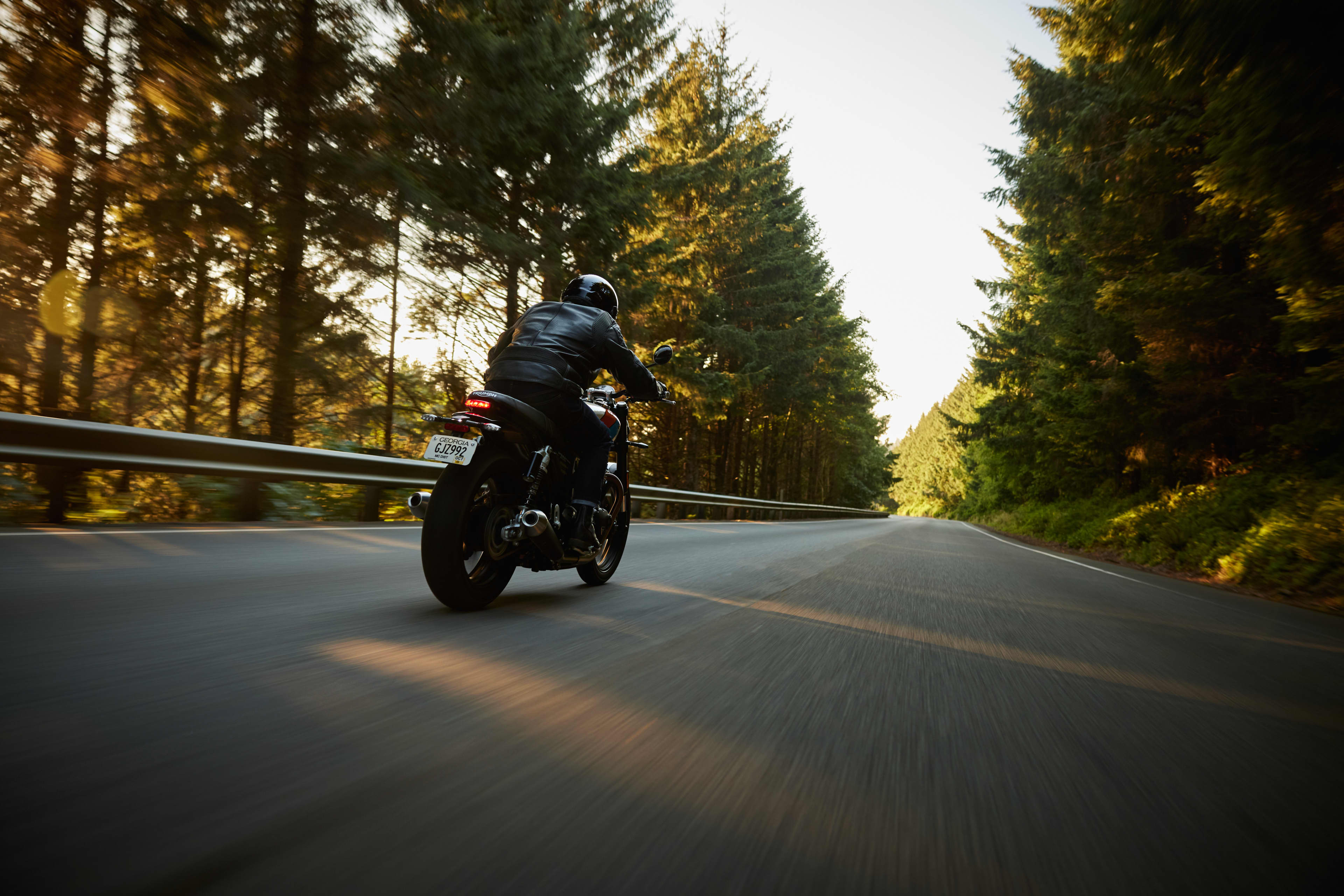 Back view action shot of a rider on Triumph Speed Twin 900 on a road through a forest