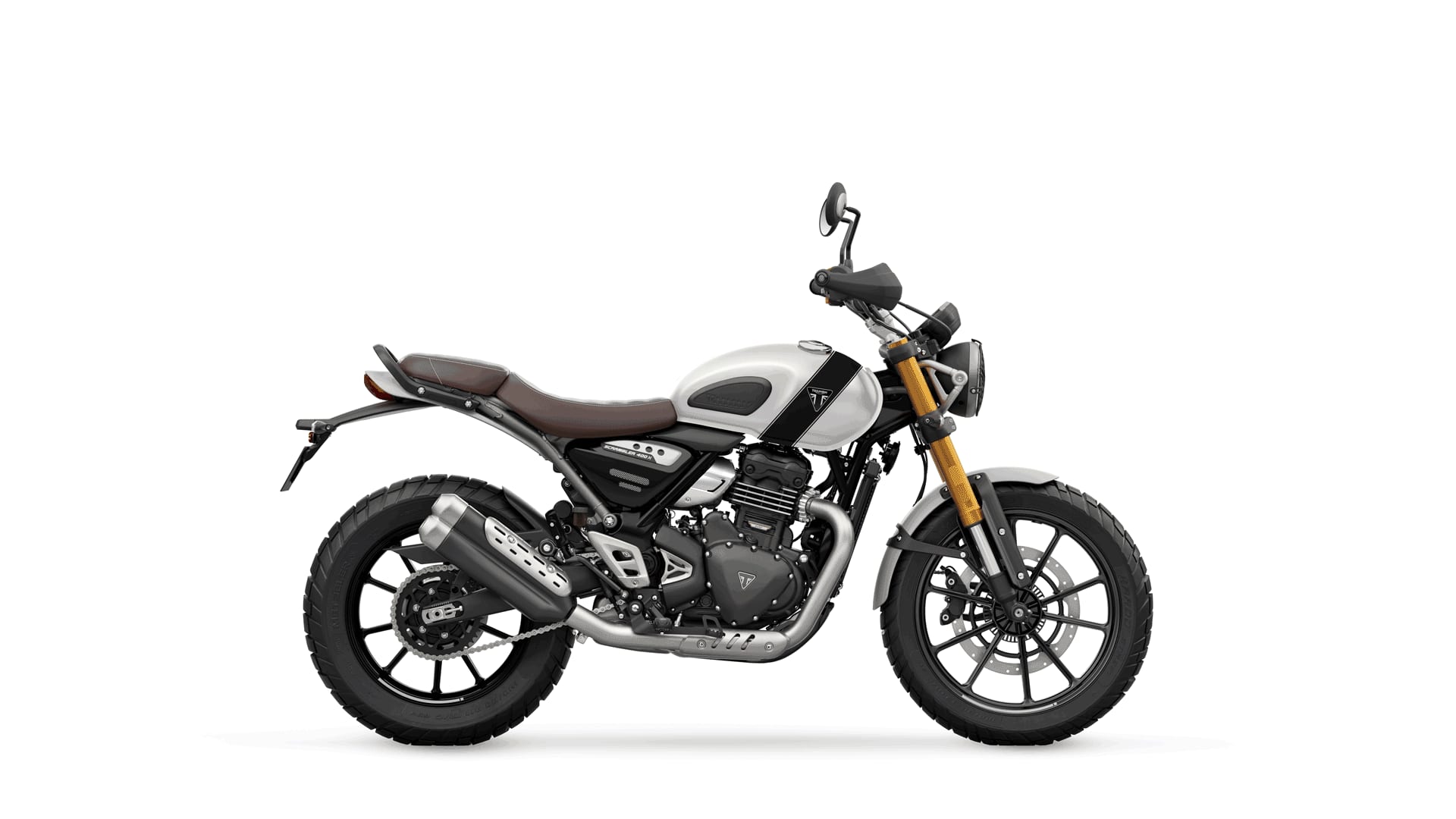Triumph Scrambler 400 X in Pearl metallic white right hand side