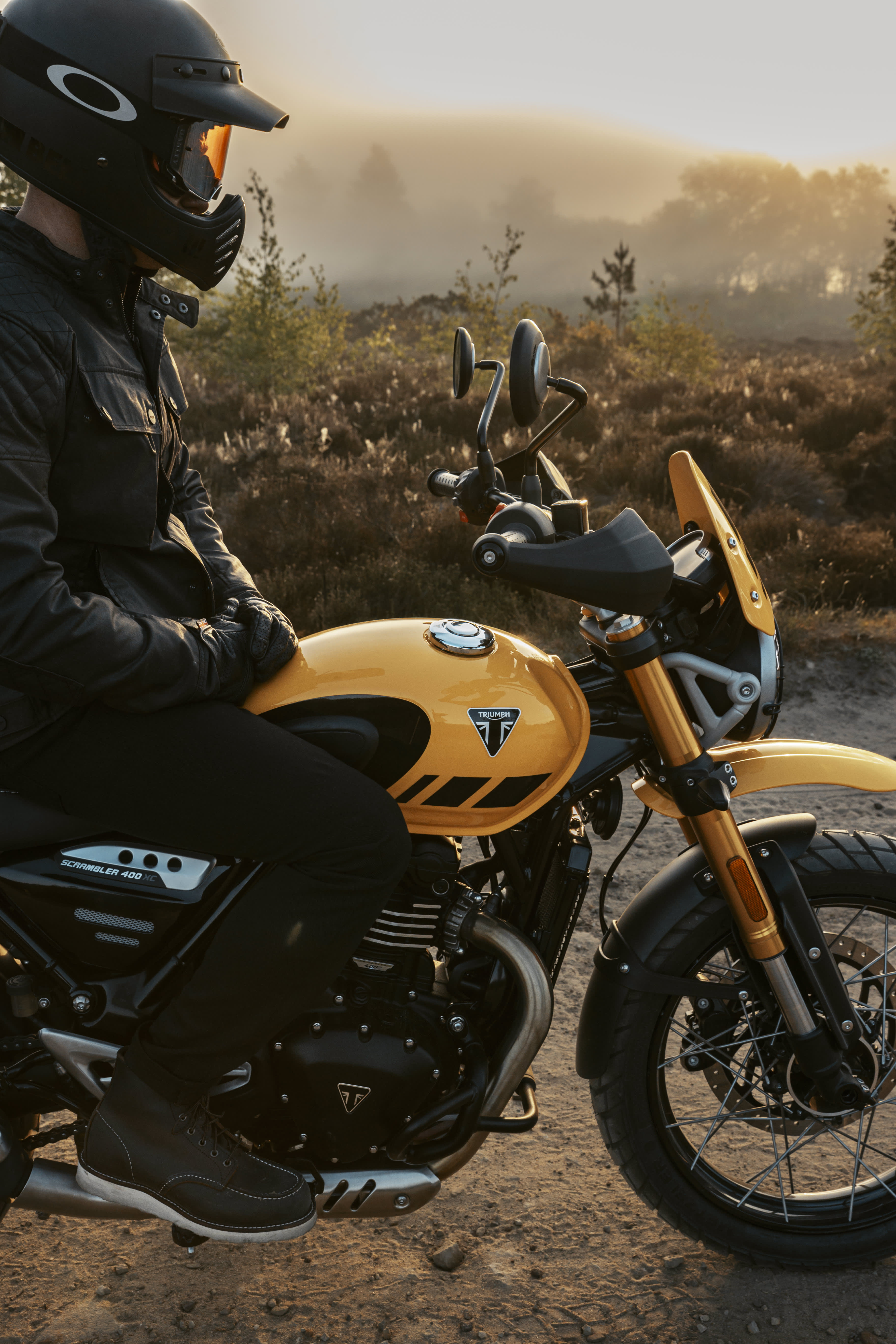 Scrambler 400 XC front view of bike with rider