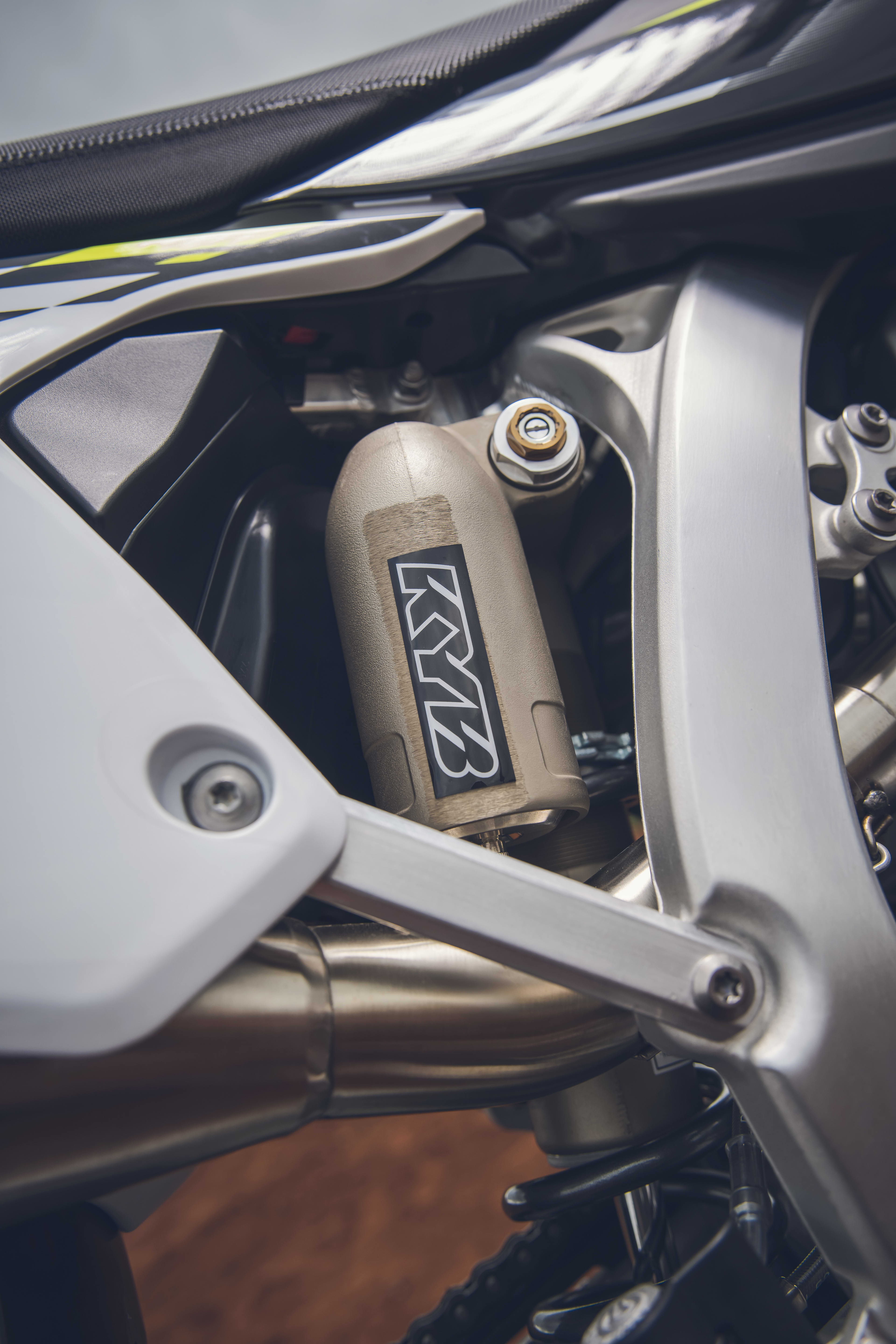 Close up of KYB Piggyback Rear Shock on a Triumph TF 250-X (MY26)